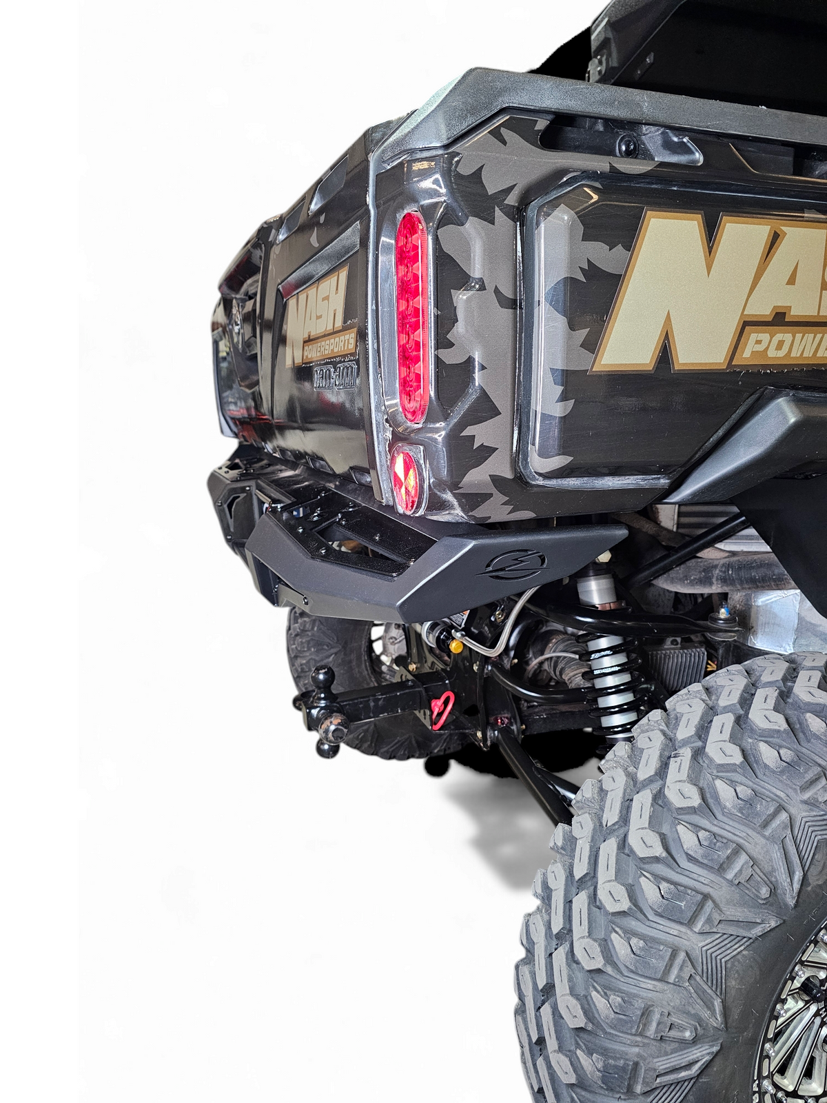 Driver side view of Volt Rear Bumper installed on Can-Am Defender