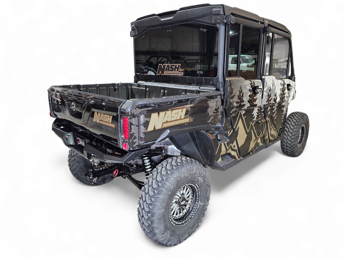 Can-Am Defender Volt Rear Bumper showing tailgate open with bumper installed