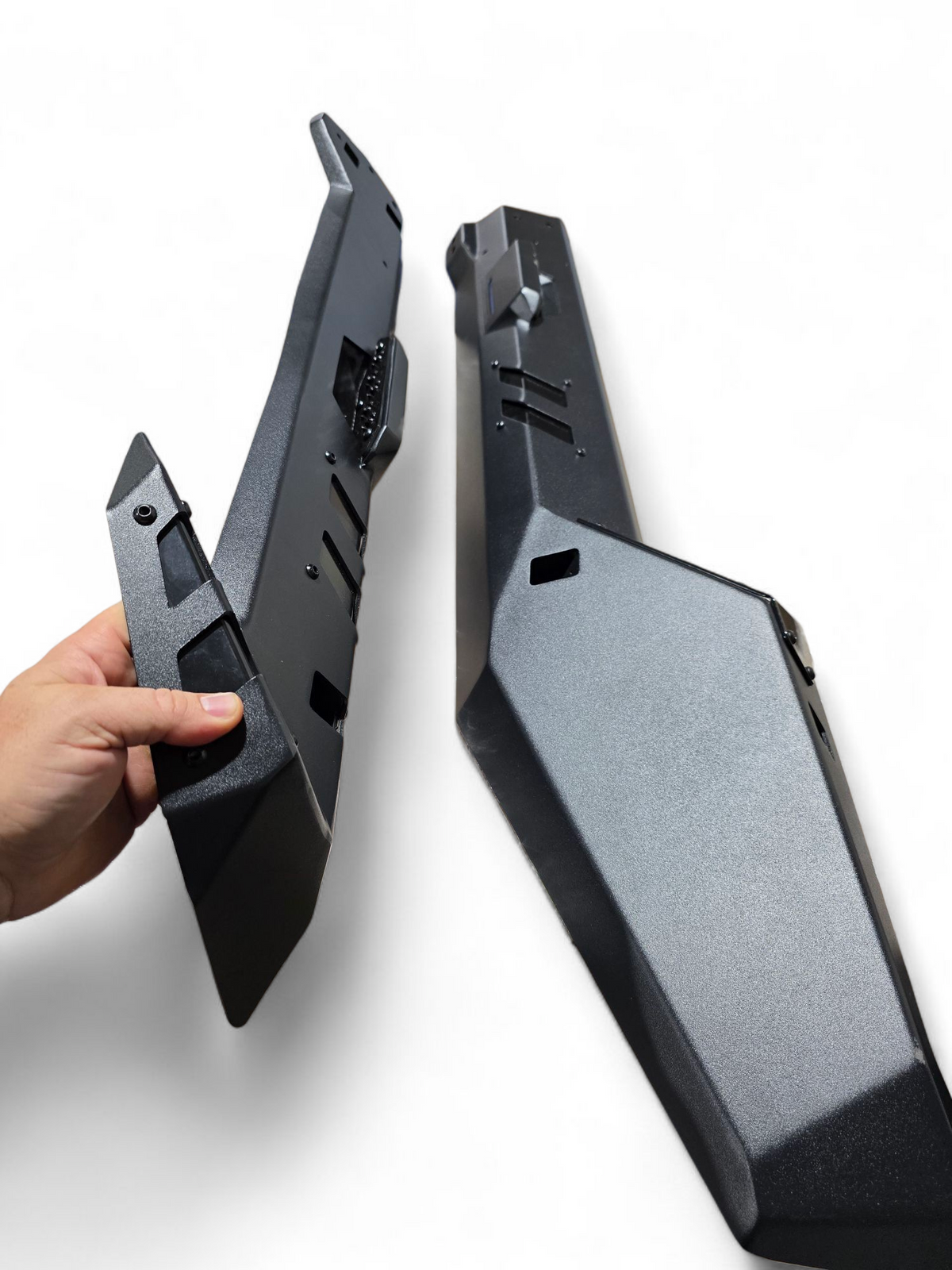 Can-Am Maverick R Volt Rocker Steps shown solo displaying hammer black and satin black two-tone finish
