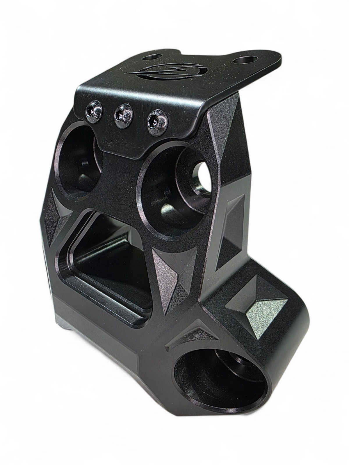 Built-in tow hook detail on Can-Am Maverick R black billet radius rod plate for recovery