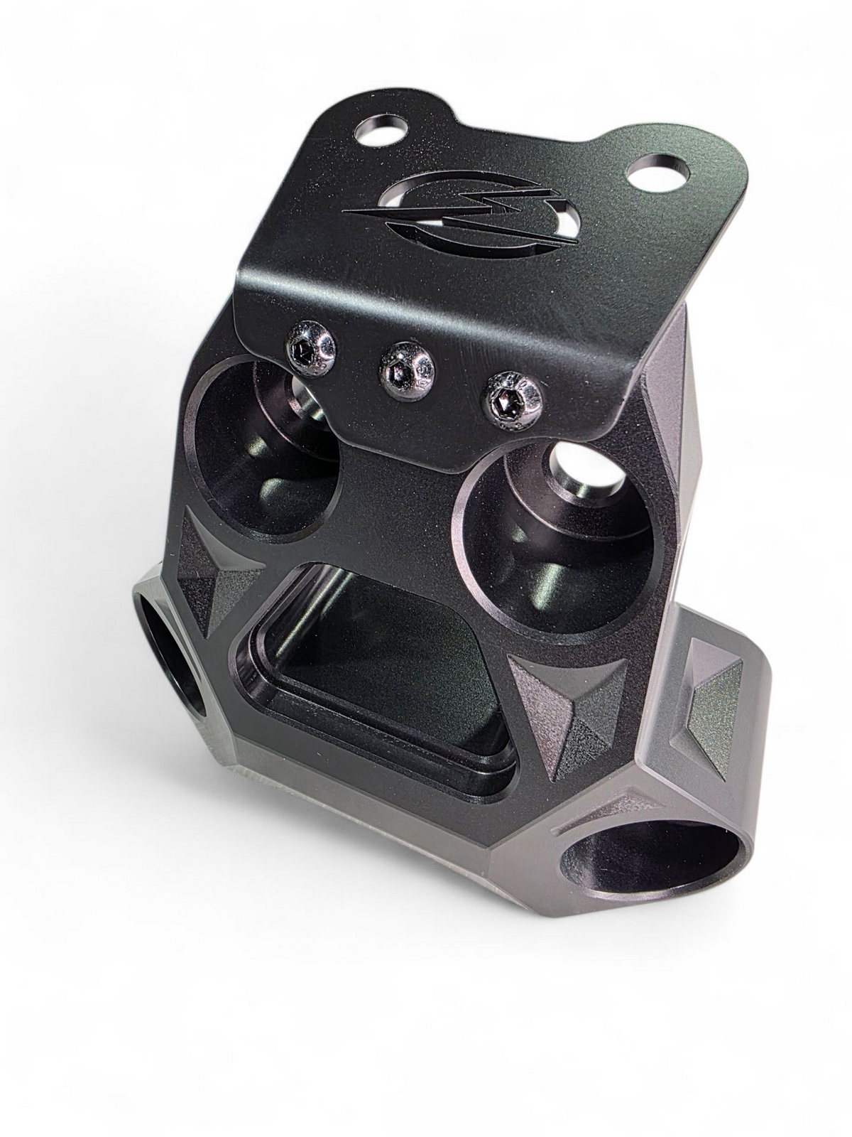Installed black billet radius rod plate on Can-Am Maverick R showing clean fitment