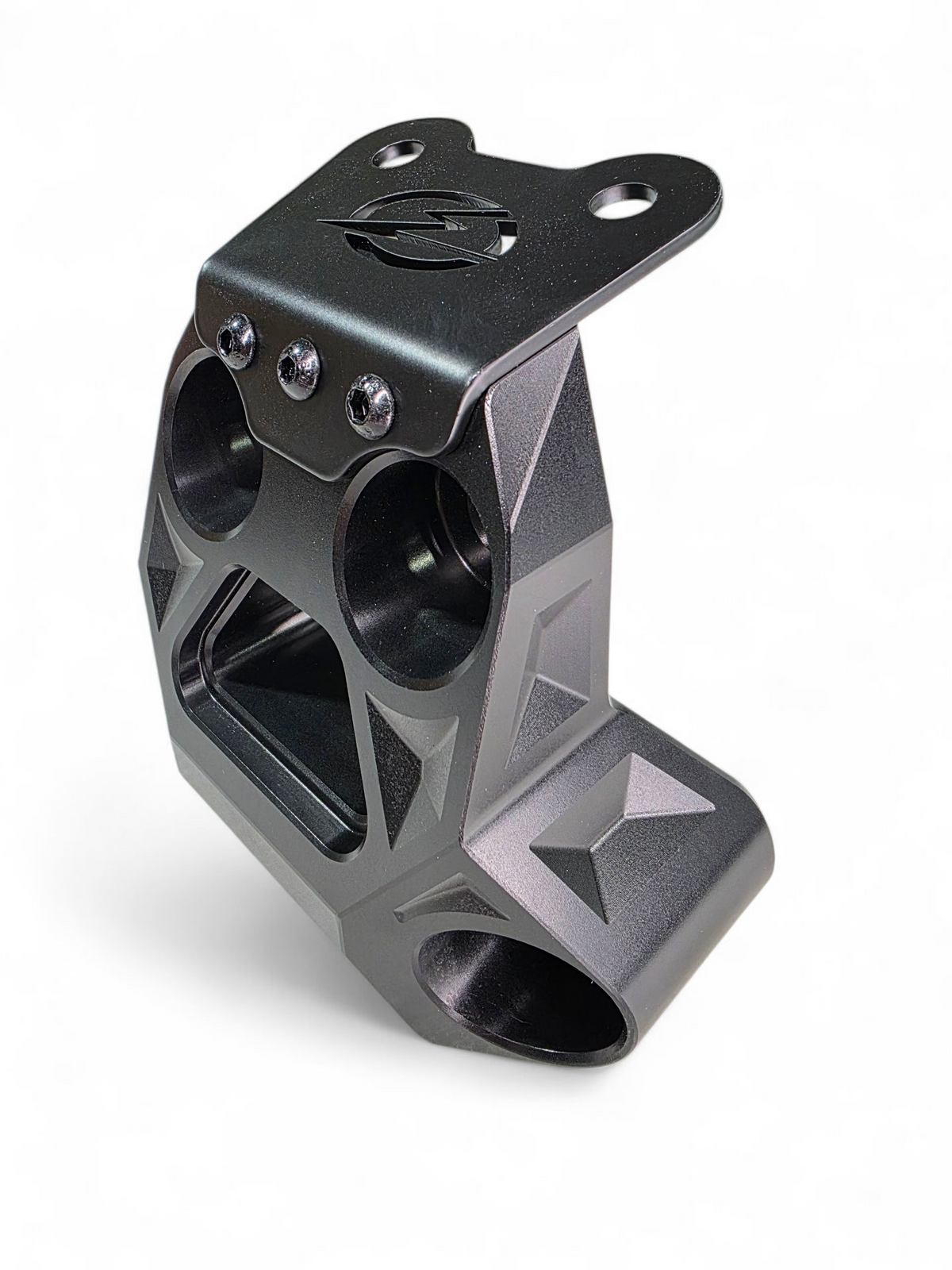 Installed black billet radius rod plate on Can-Am Maverick R showing clean fitment