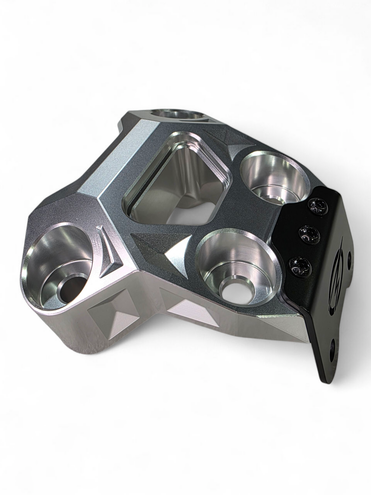 Installed clear billet radius rod plate on Can-Am Maverick R showing clean fitment