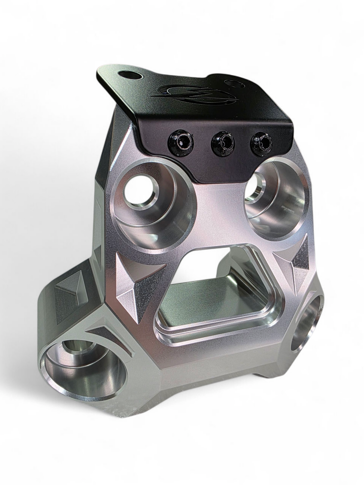 Can-Am Maverick R clear billet radius rod plate mounting points showing bolt-on installation