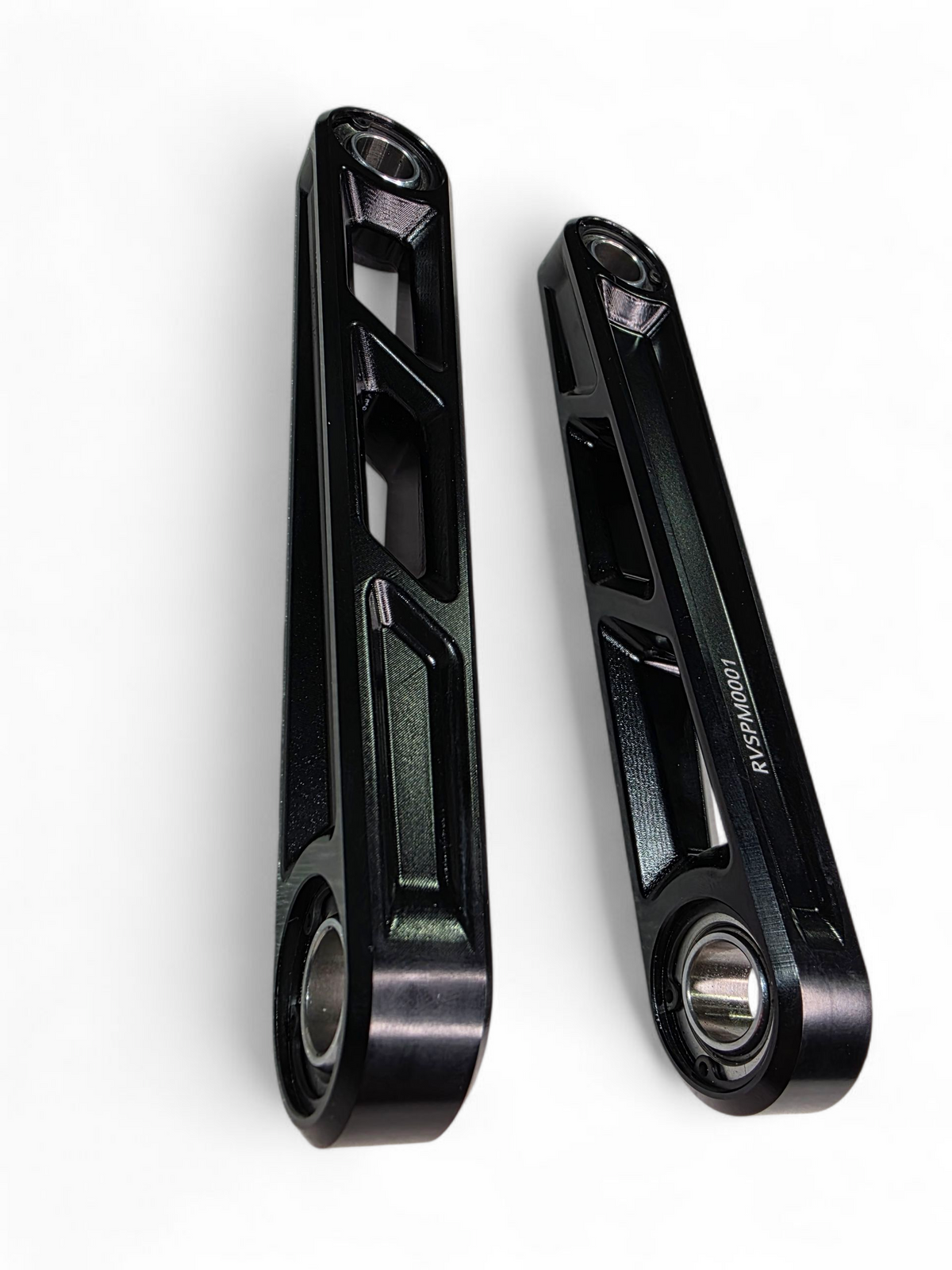 Pair of Can-Am Maverick R anodized black billet front sway bar links shown with hardware