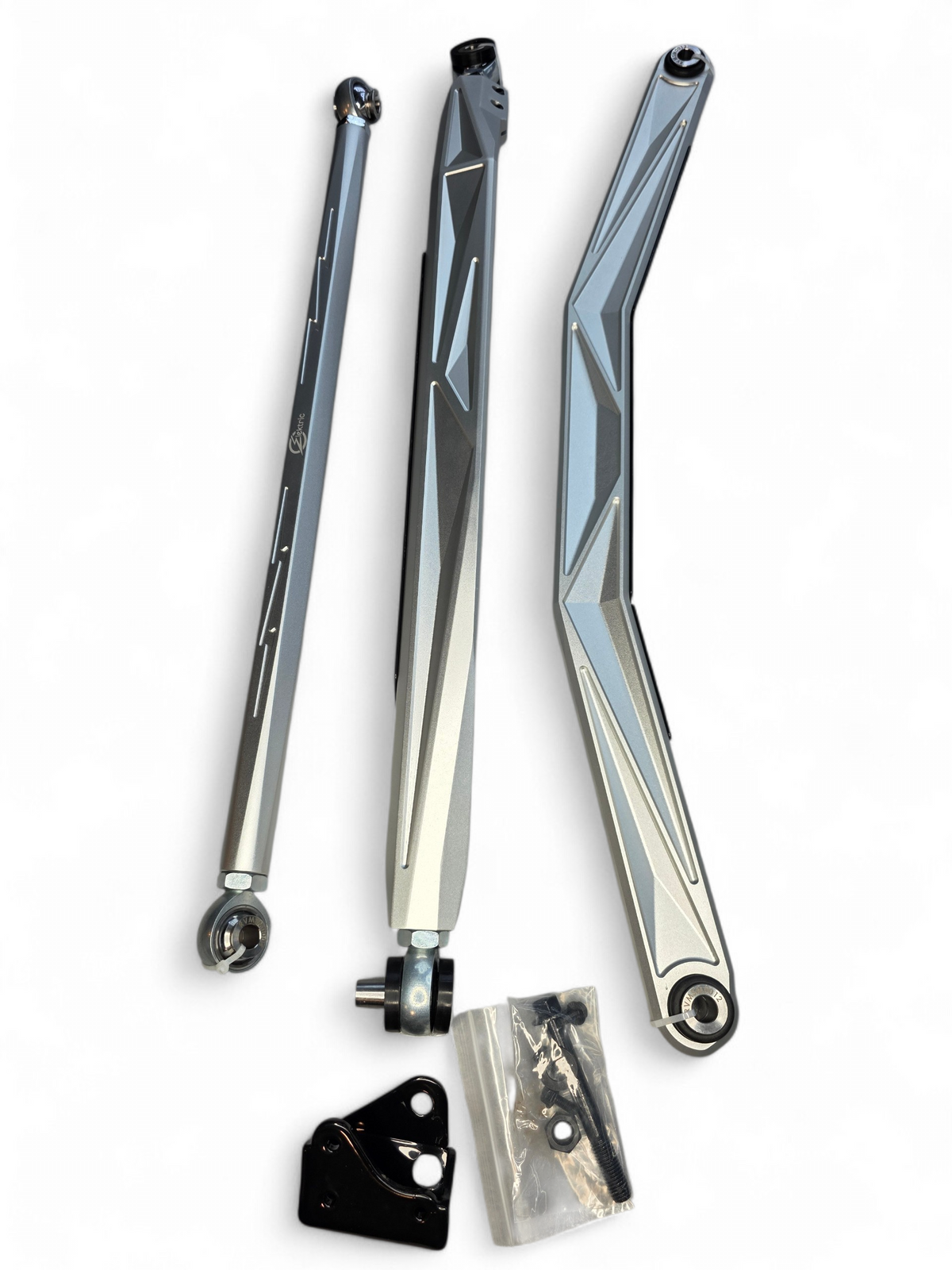 Mounting point detail on Can-Am Maverick R anodized clear radius rods showing direct bolt-in factory position installation