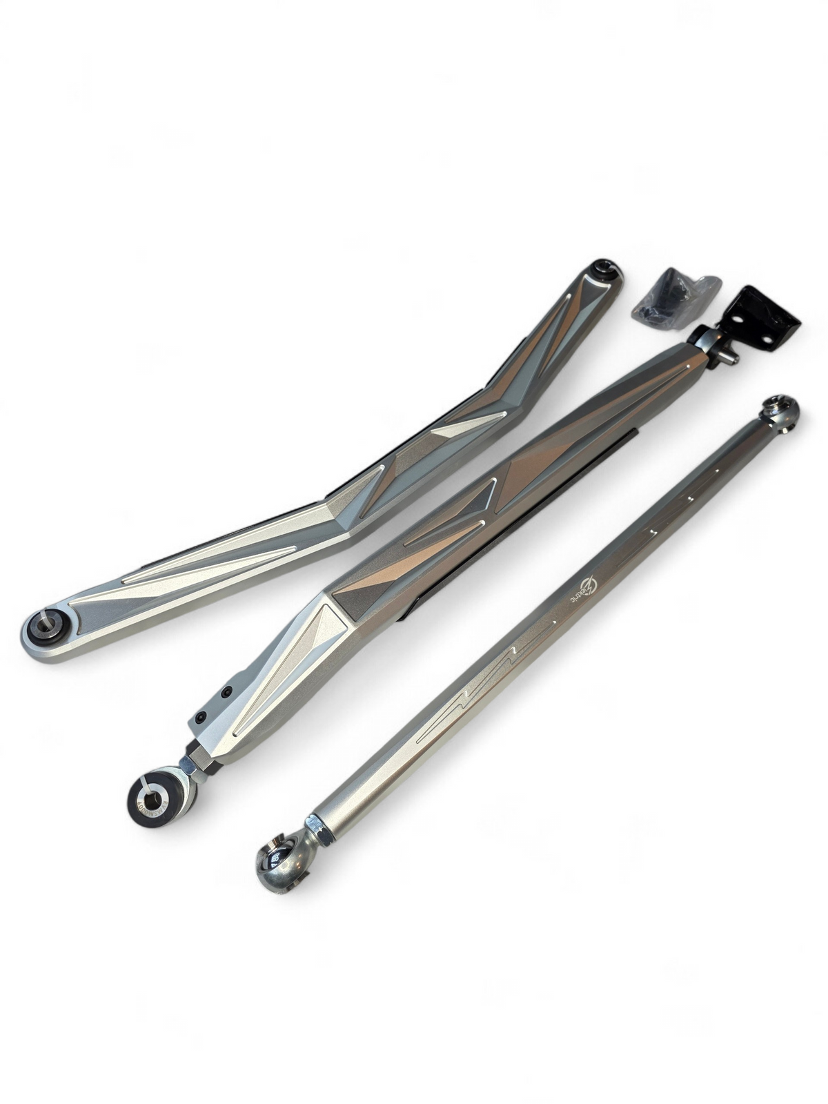 Side profile of Can-Am Maverick R anodized clear radius rods showing high clearance raised design and billet aluminum machining