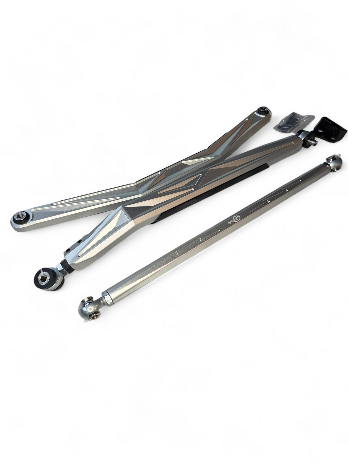 Detail of clear anodized finish on Can-Am Maverick R 6061 billet aluminum radius rods showing surface quality and corrosion resistance