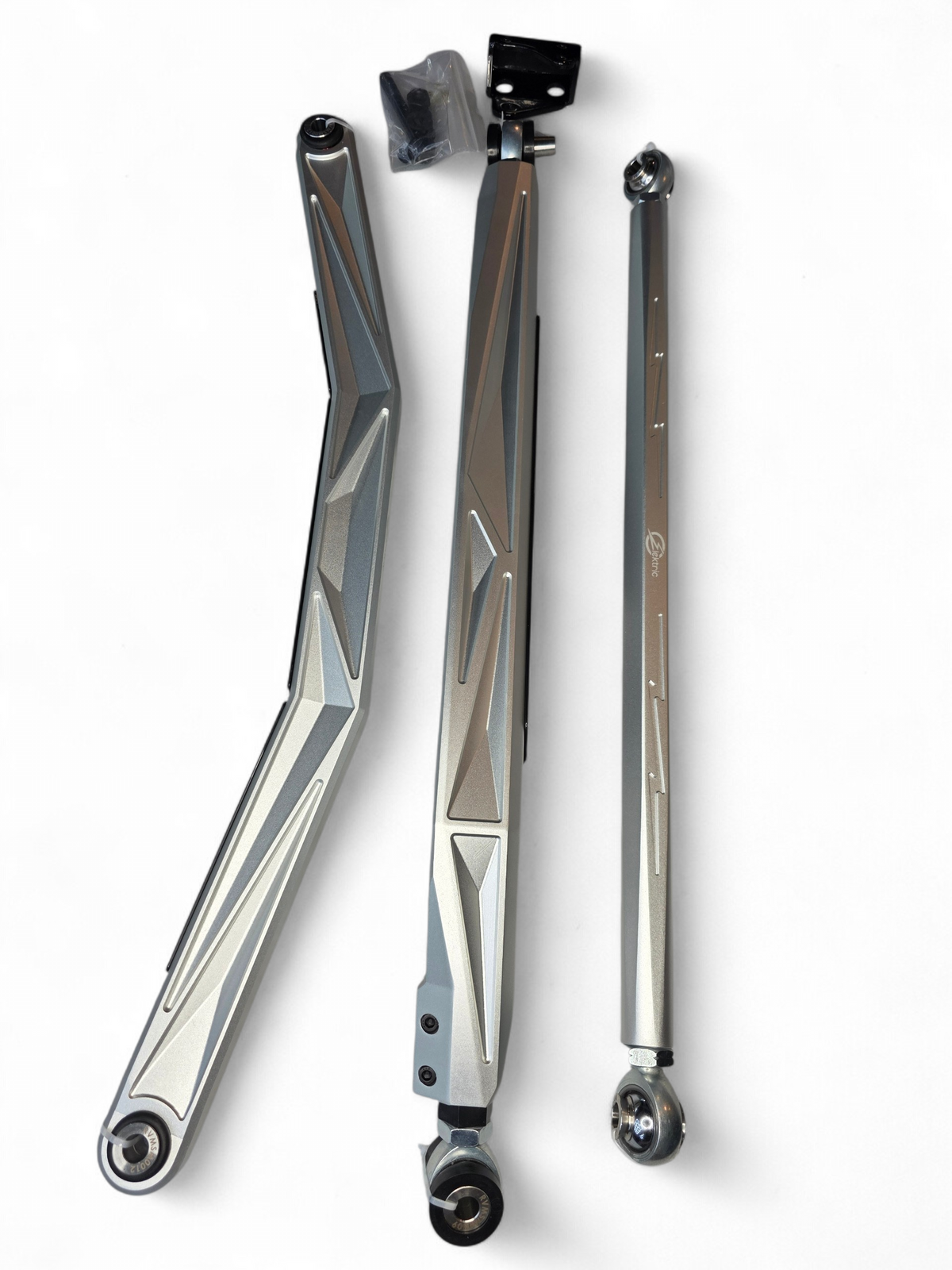 Can-Am Maverick R High Clearance Adjustable Radius Rods in anodized clear finish showing 6061 billet aluminum construction and double shear spindle mount