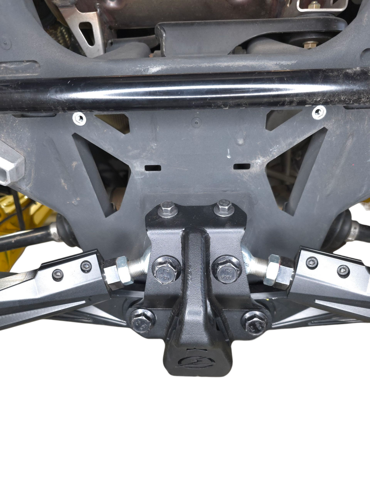 Close-up of mild steel finish on Can-Am Maverick R radius rod plate