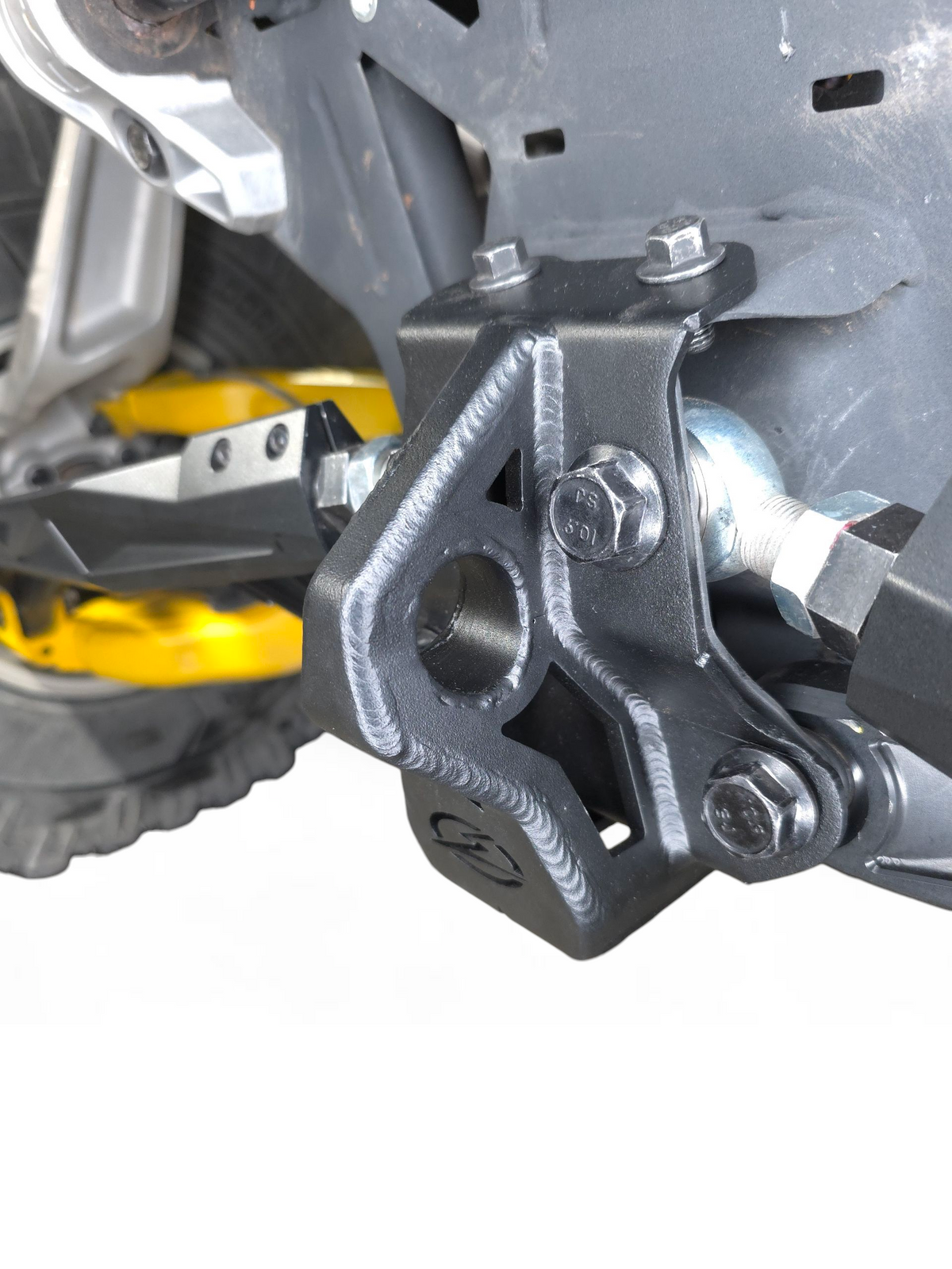 Sheet Metal Radius Rod Plate in mild steel for 2024+ Can-Am Maverick R 4 Seat showing suspension protection