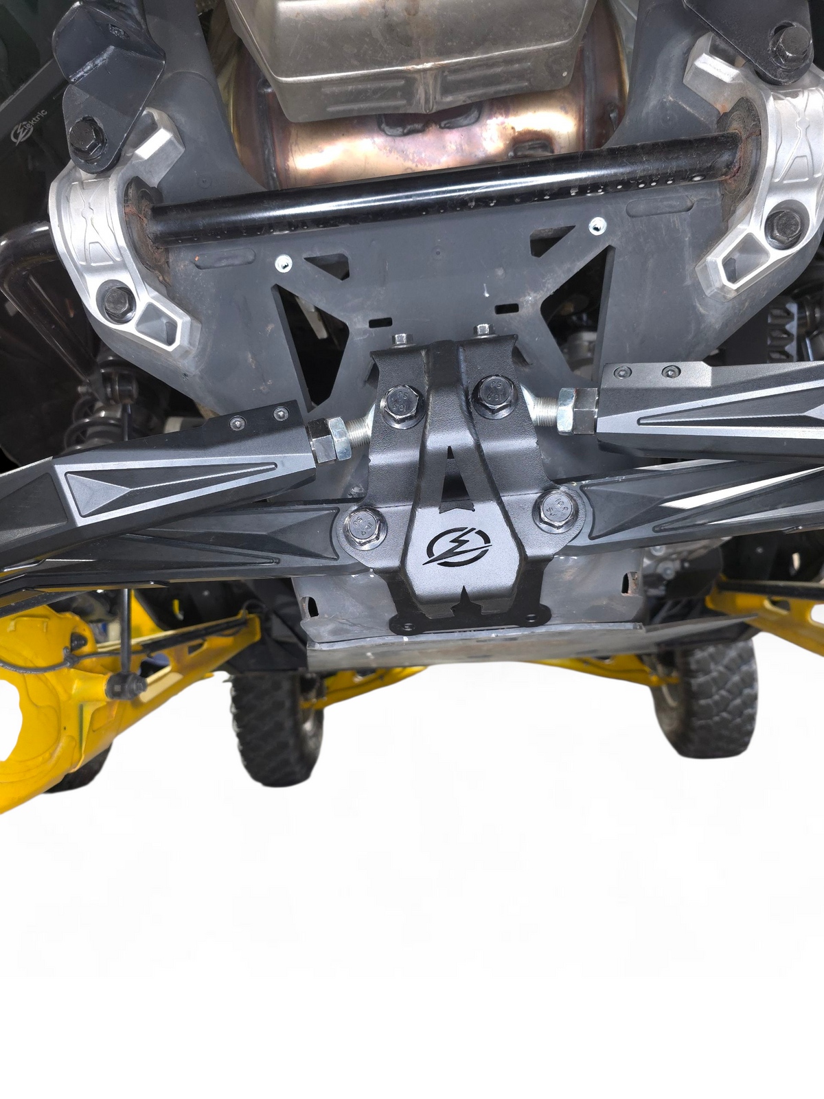 Tow hook and grab point layout on Can-Am Maverick R sheet metal radius rod plate