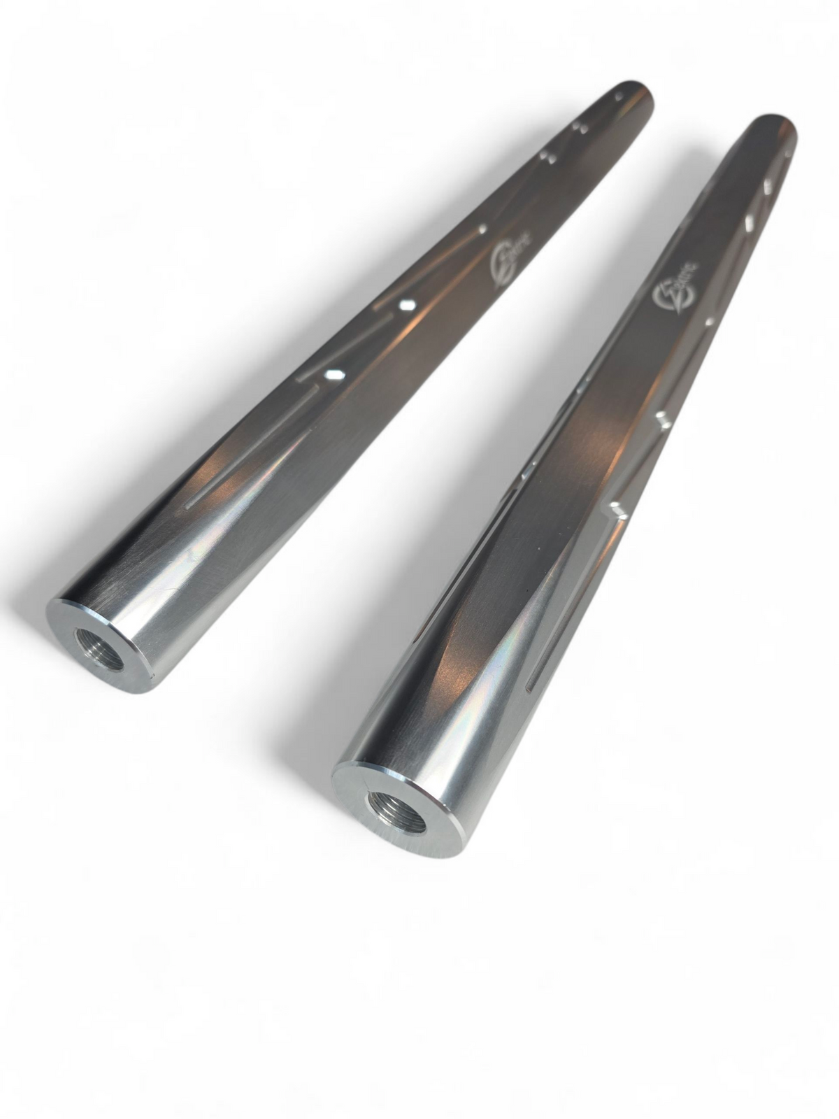 Angled view of clear billet aluminum tie rods for the Can-Am Maverick R