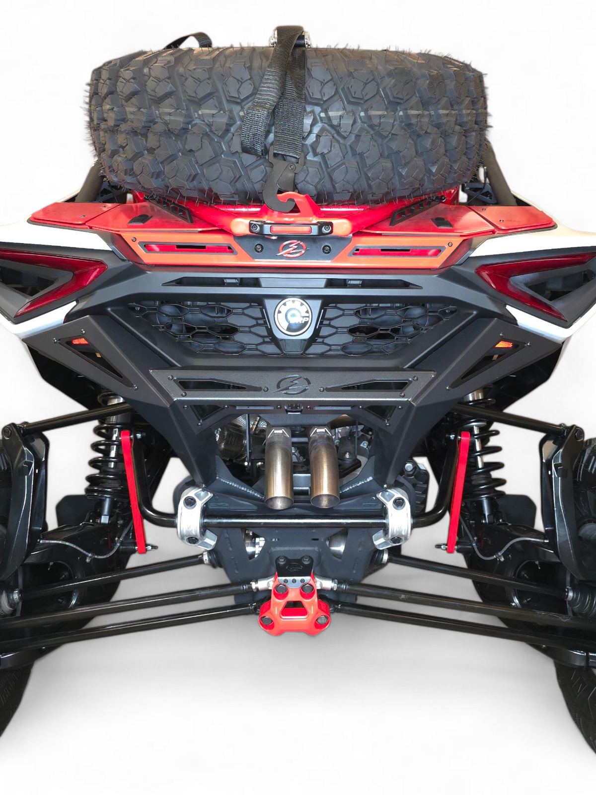 2024 Can-Am Maverick R Max 4-door fitted with Volt Rear Bumper in hammer black powder coat finish, full rear view