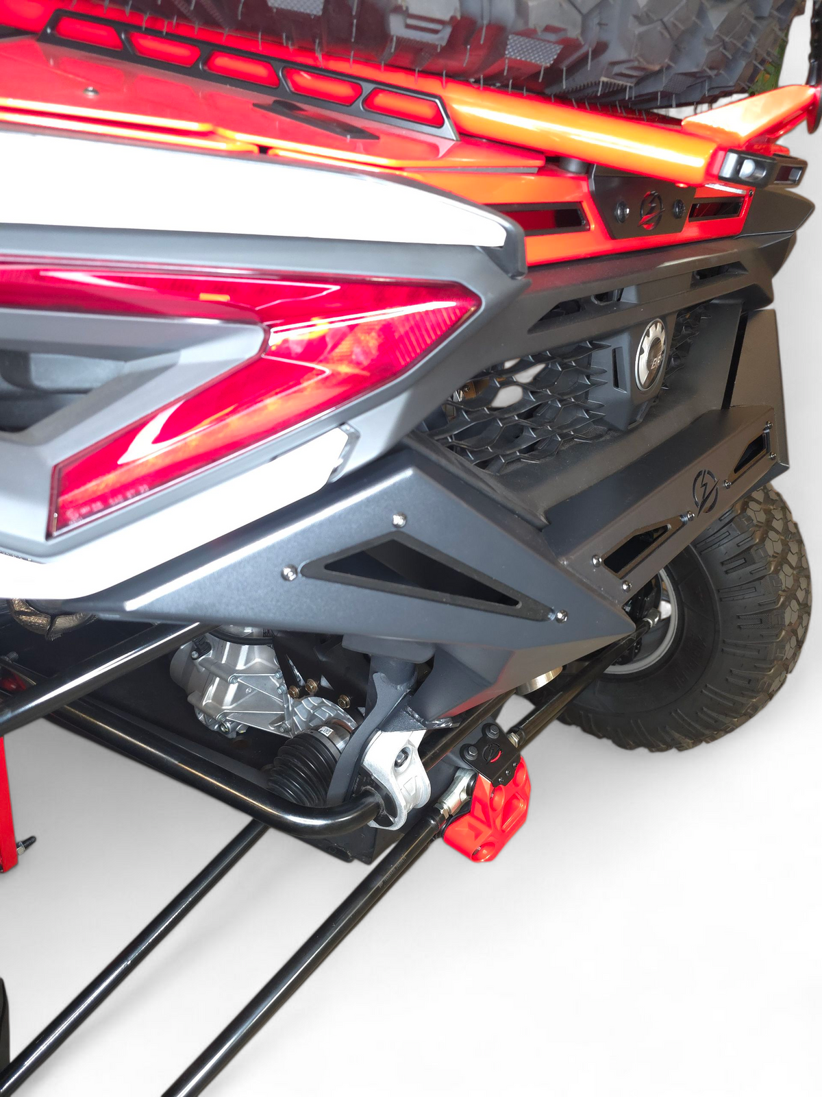 Close-up detail of hammer black powder coat texture on Volt Rear Bumper steel surface showing chip-resistant finish and weld quality