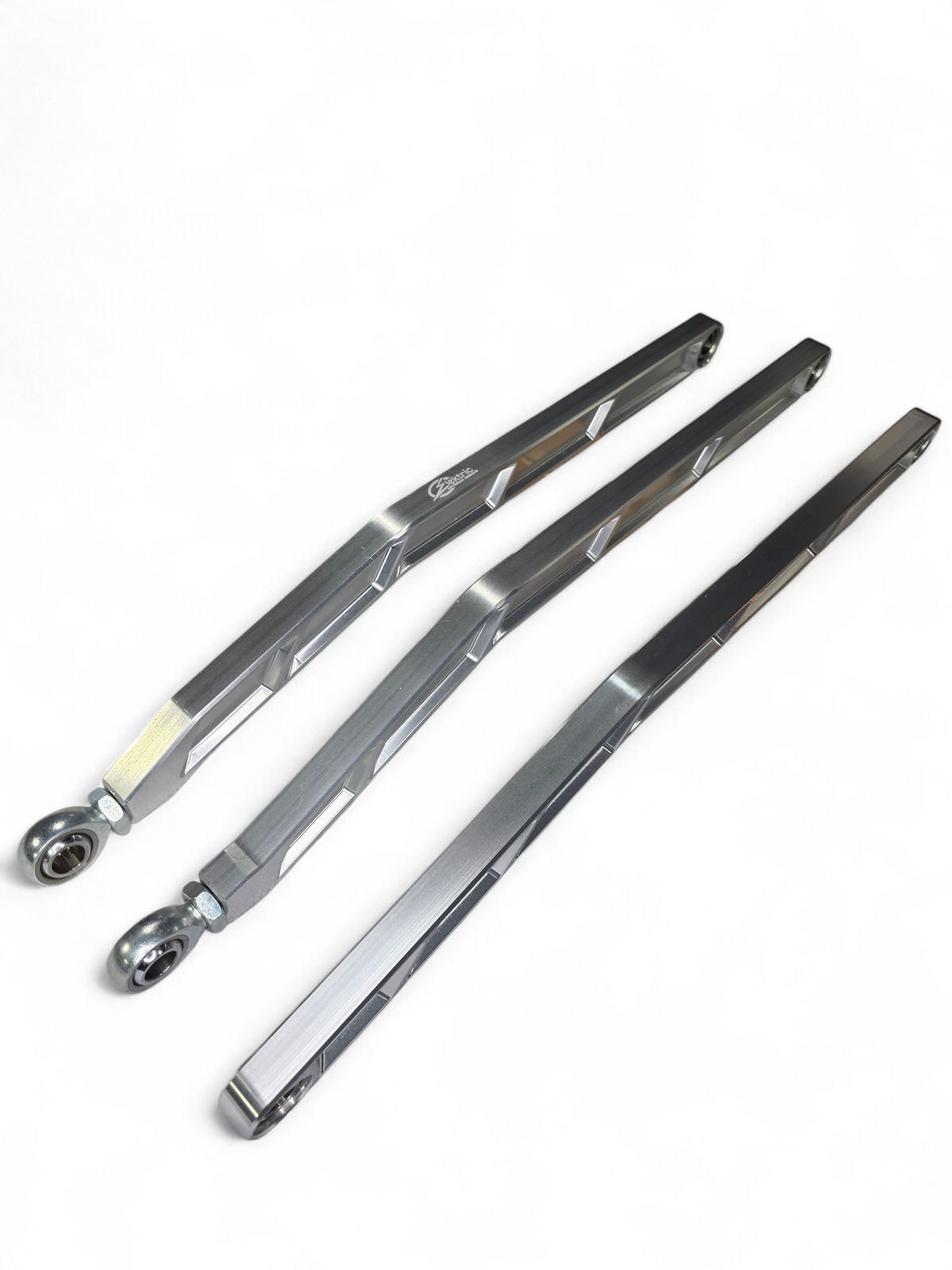 Detail of Can-Am Maverick X3 radius rods and pull plate in clear anodized finish