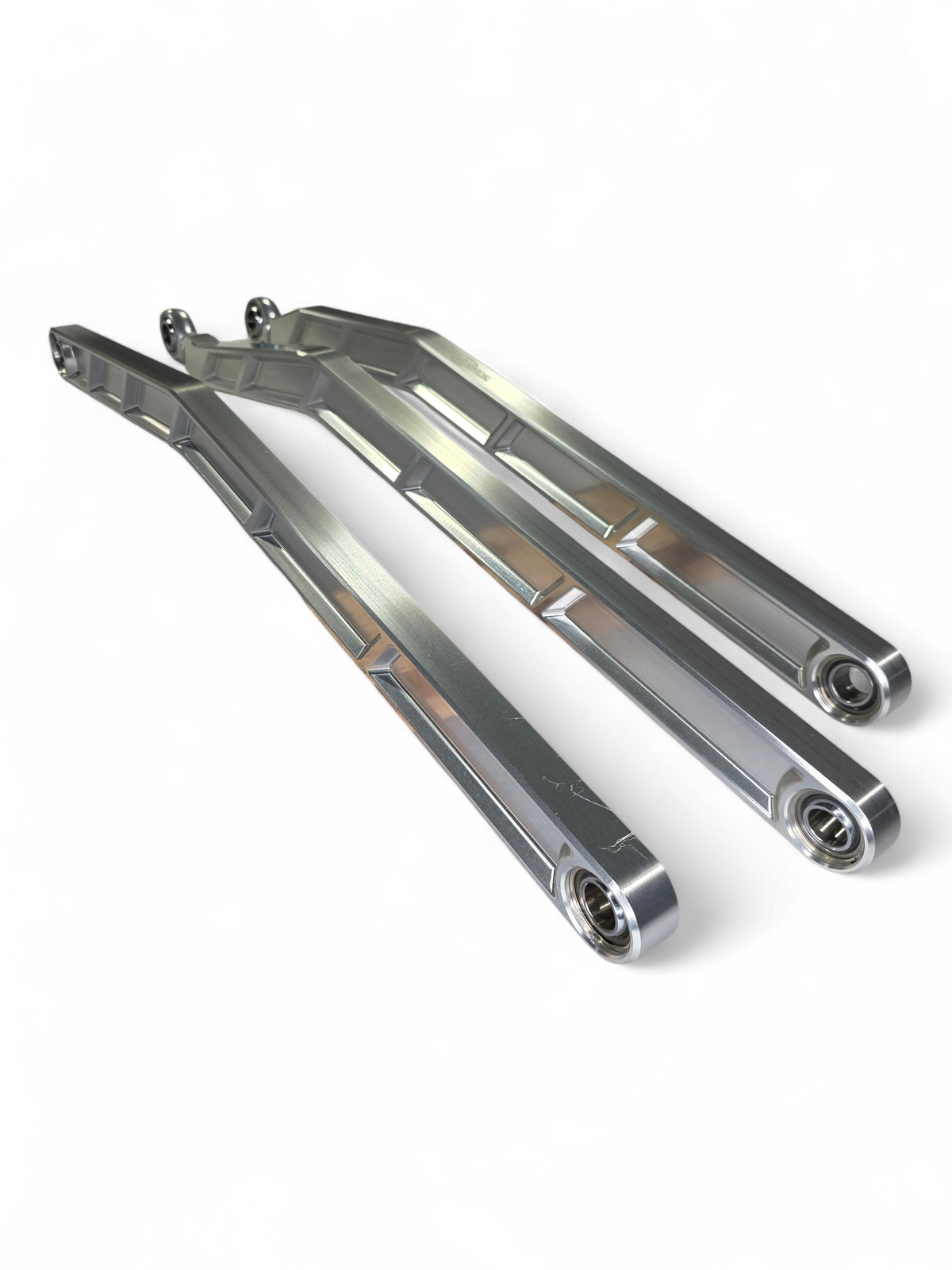 Adjustable Heim joint detail on Can-Am Maverick X3 clear anodized High Clearance Billet Radius Rod