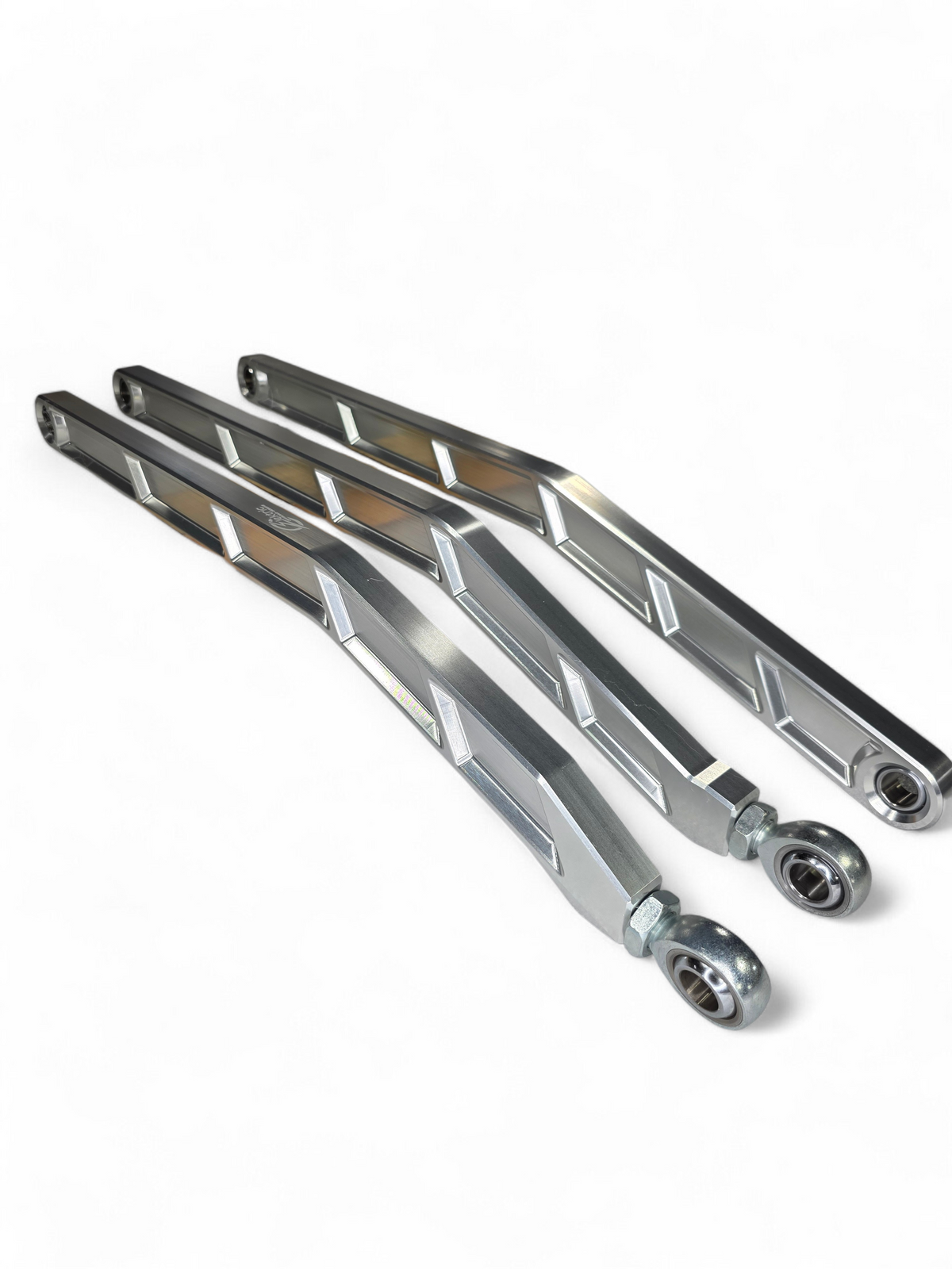 High Clearance Billet Radius Rods in clear anodized finish for 72-inch RS Can-Am Maverick X3 showing 6061 aluminum machining