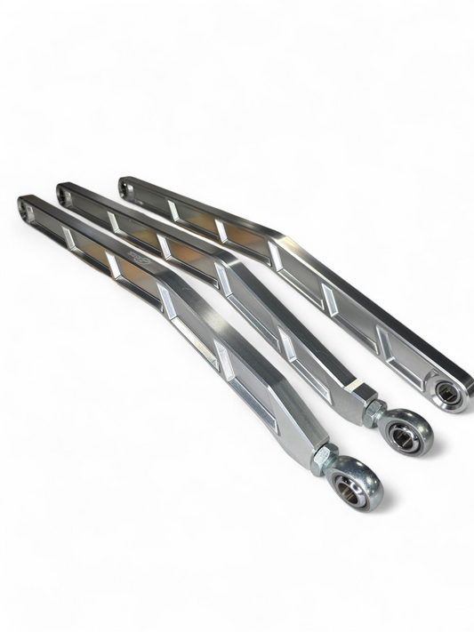 High Clearance Billet Radius Rods in clear anodized finish for 72-inch RS Can-Am Maverick X3 showing 6061 aluminum machining