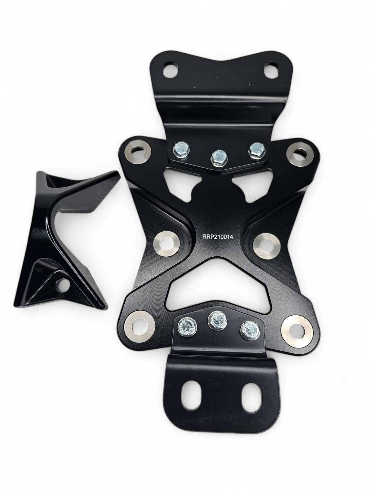 10-bolt mounting pattern detail on Can-Am Maverick X3 black radius rod plate