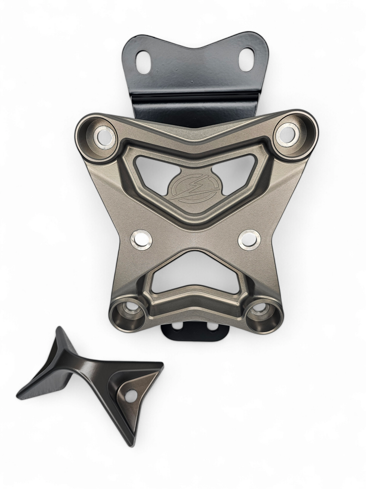 Built-in tow hook detail on Can-Am Maverick X3 gun metal 10-bolt radius rod plate for recovery