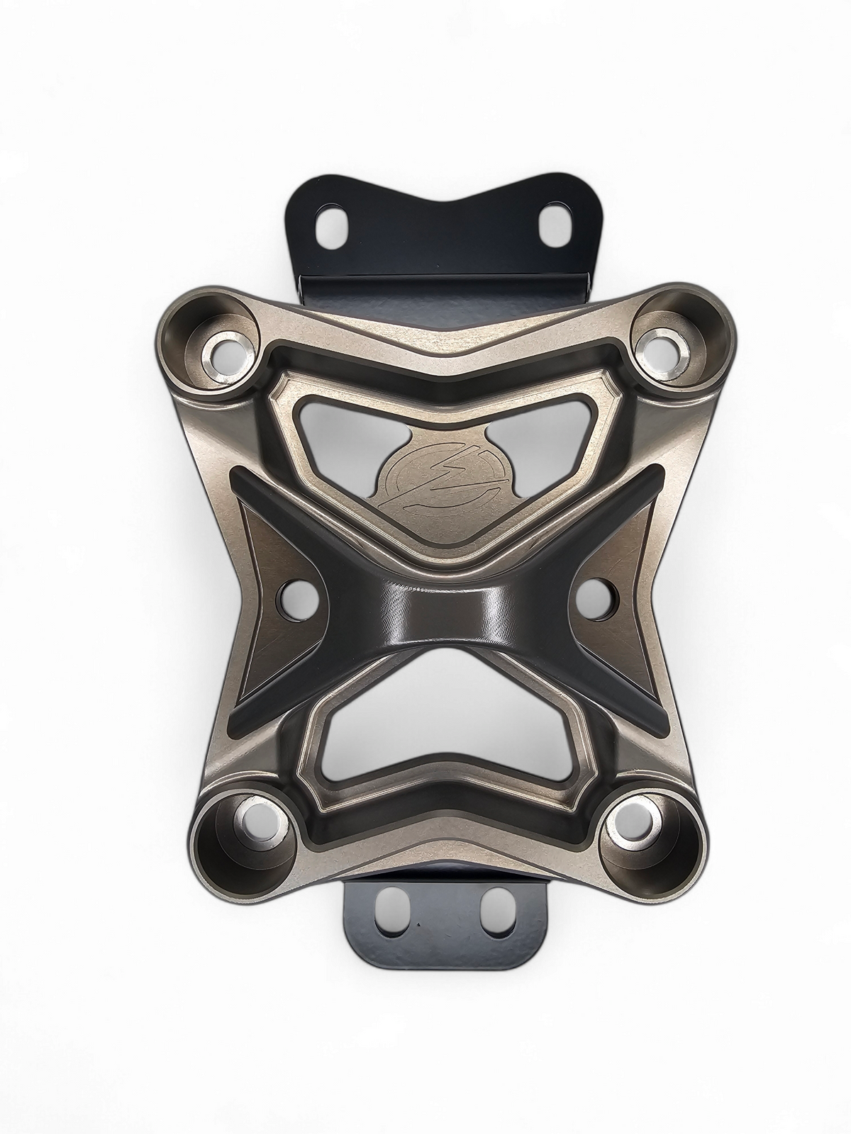Can-Am Maverick X3 gun metal 10-bolt radius rod plate shown solo displaying full machined construction and tow hook