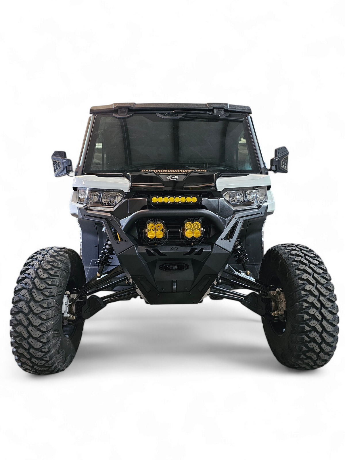 Front three-quarter view of Can-Am Defender Volt Front Winch Bumper showing slim body-line fitment