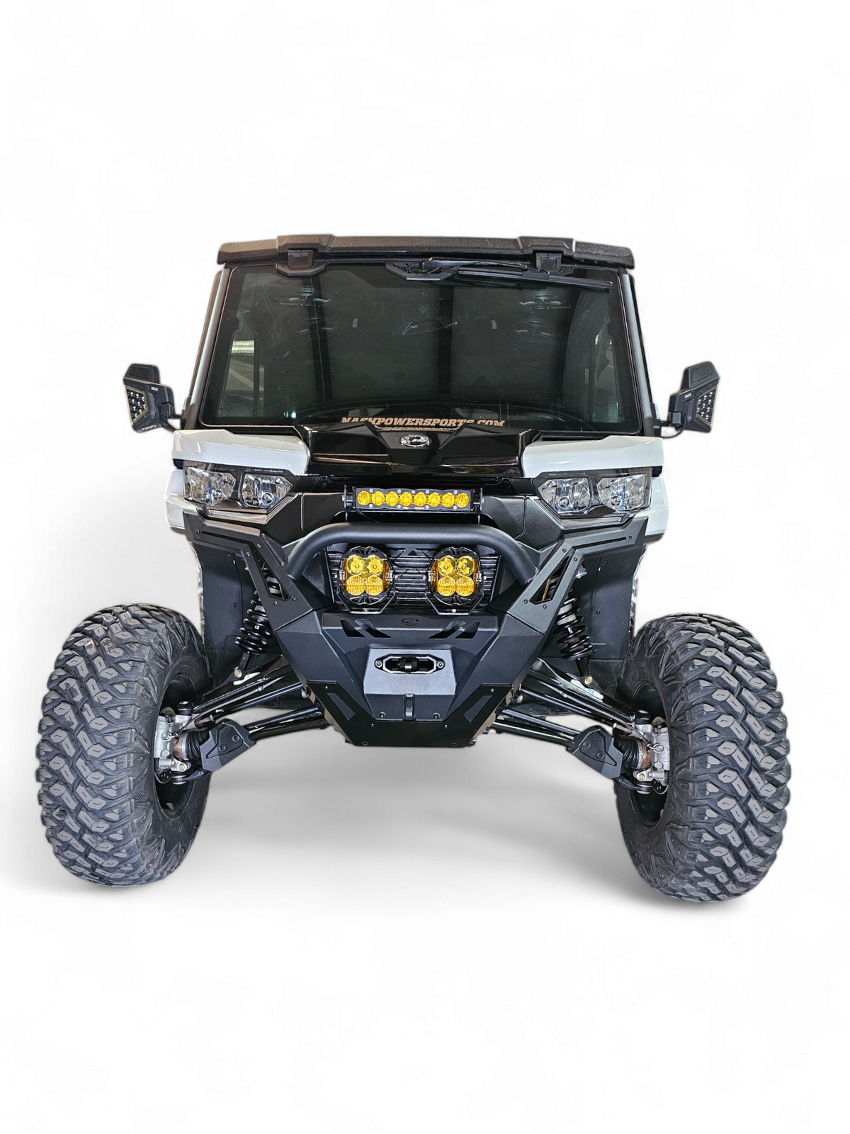 Volt Front Winch Bumper installed on Can-Am Defender HD10 showing D-ring and hammer black finish