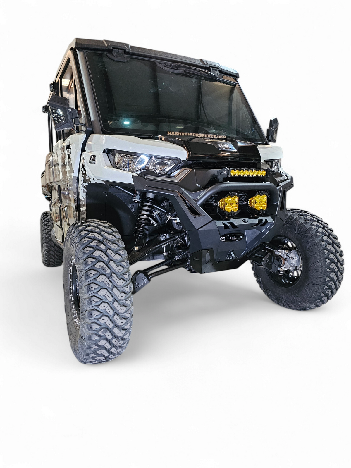 Driver side view of Volt Front Winch Bumper installed on Can-Am Defender