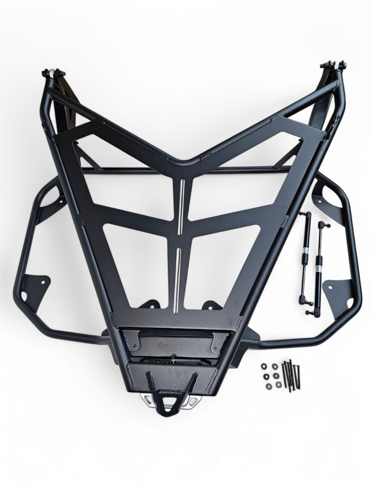 Can-Am Maverick R EOD Volt Tire Rack unboxed showing all included components: hold down mounts, Y straps, and installation hardware