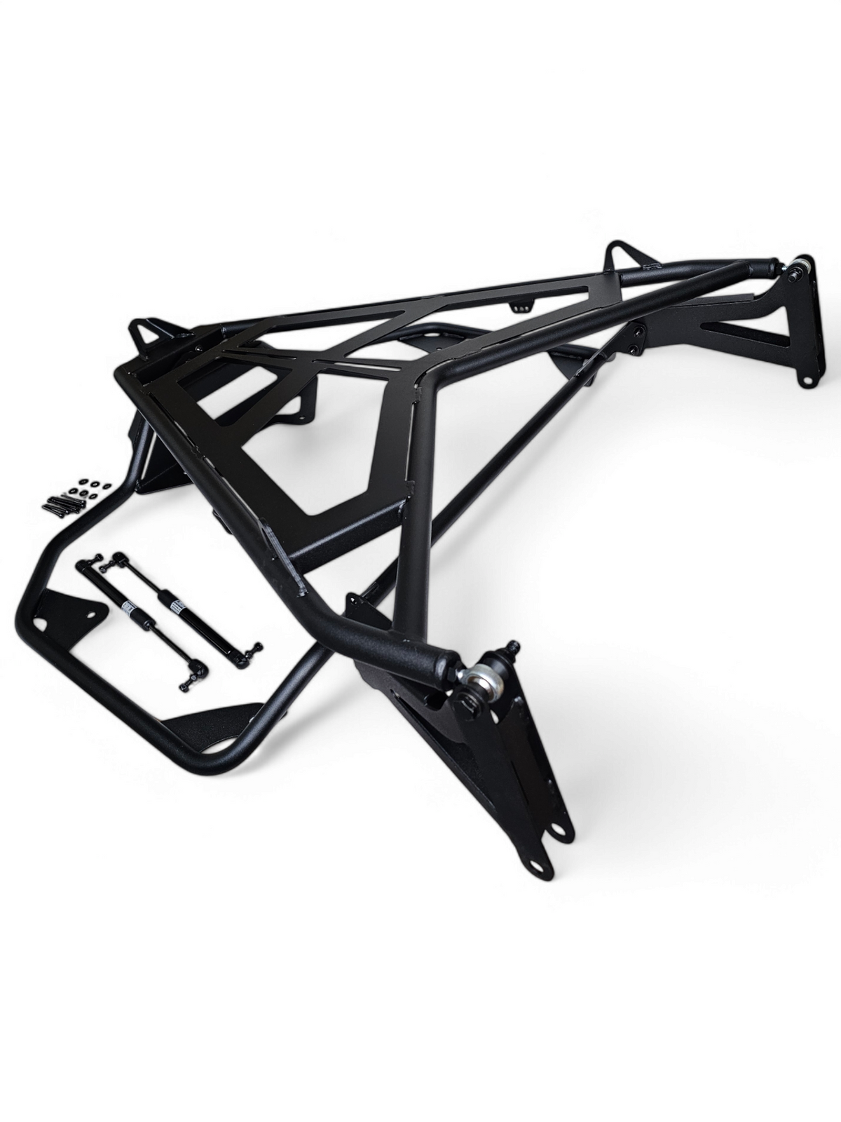Corner mounting bracket detail on Can-Am Maverick R EOD Volt Tire Rack showing bolt-in installation hardware and construction quality