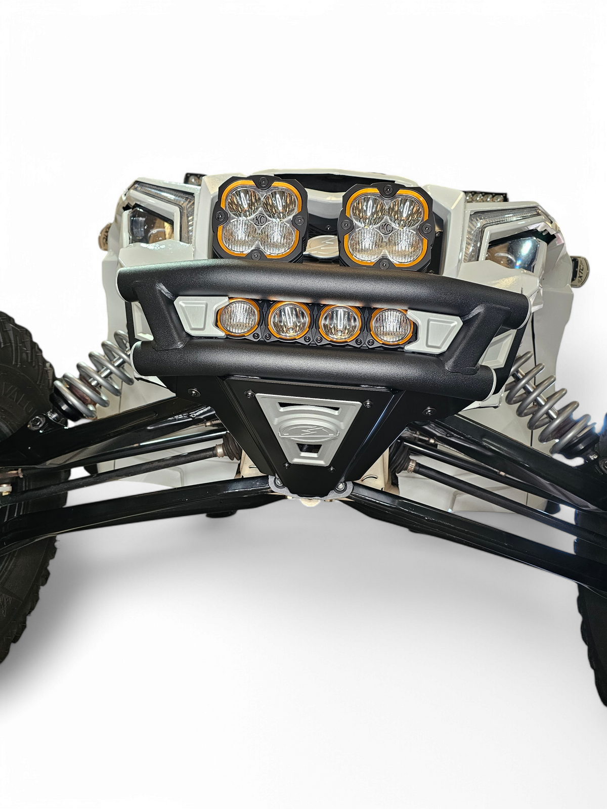Lighting mount area on Can-Am Maverick X3 Amp front bumper showing light bar and cube light options
