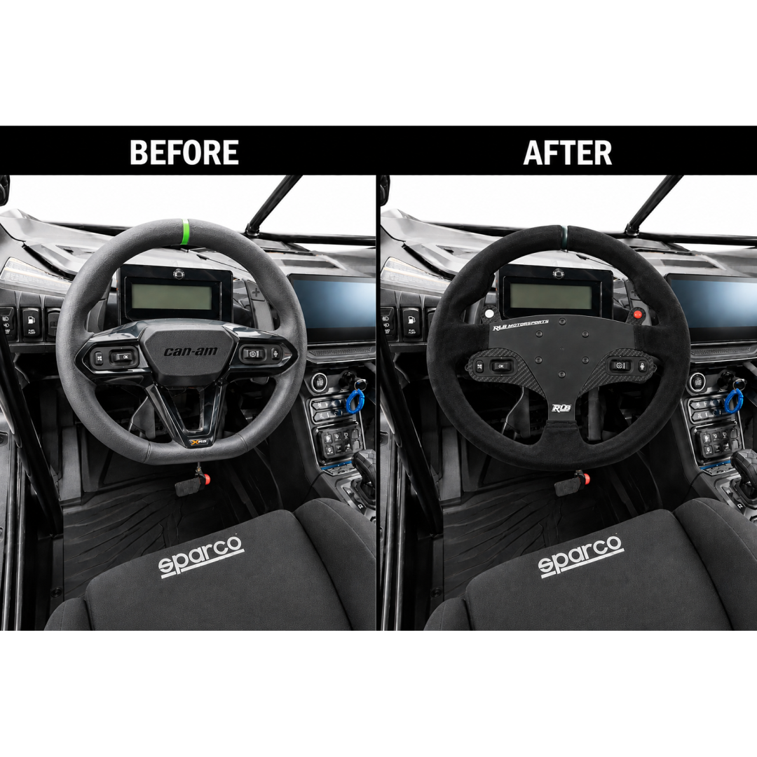 Canam_before_after_1080.png): Before and after comparison of Can-Am UTV dash: stock steering wheel versus RLB suede steering wheel with Adapt IQ button mount installed