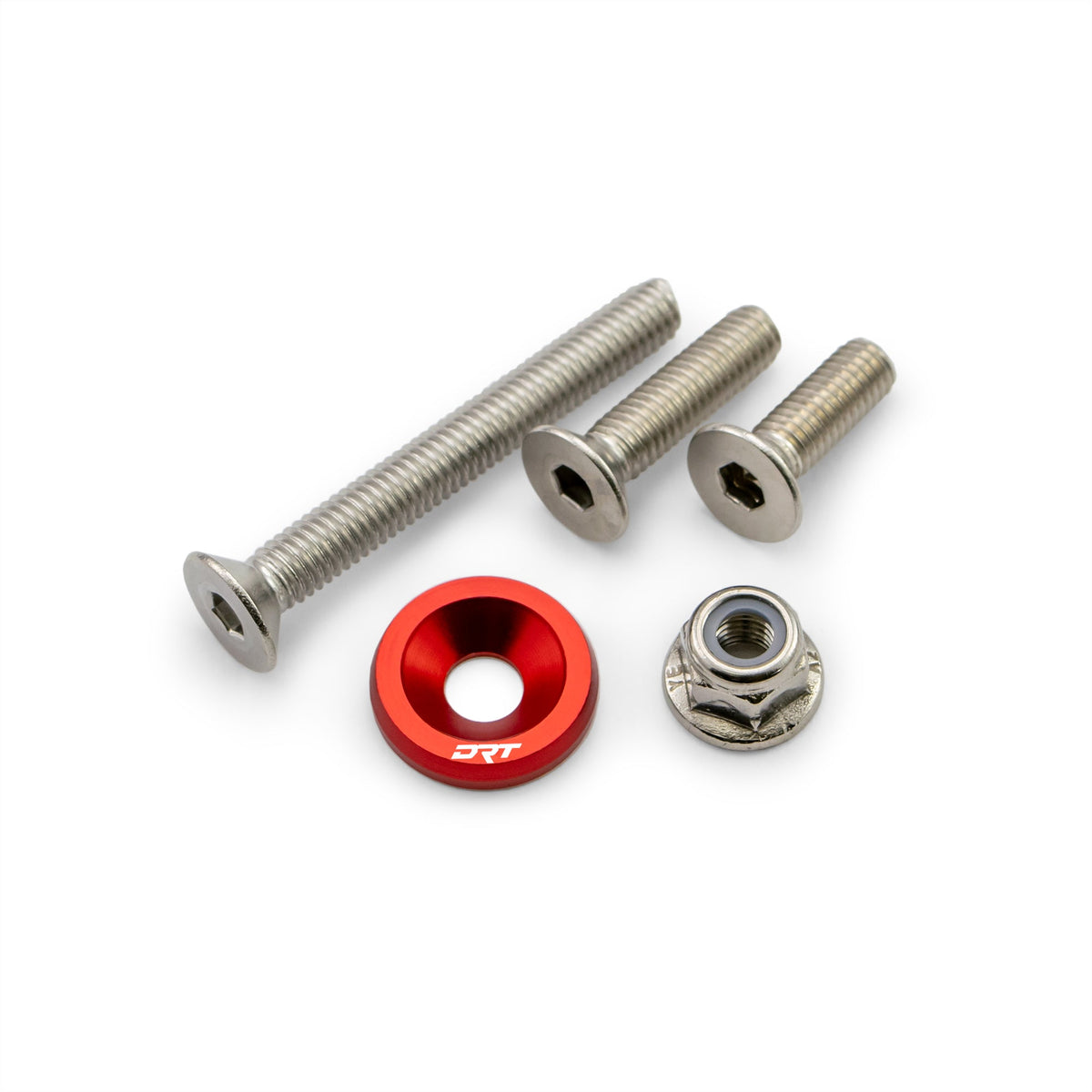 Race-inspired fender washer hardware kit, raw aluminum look, replaces OEM steel washers