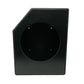 Black angled subwoofer enclosure box with a circular speaker cutout