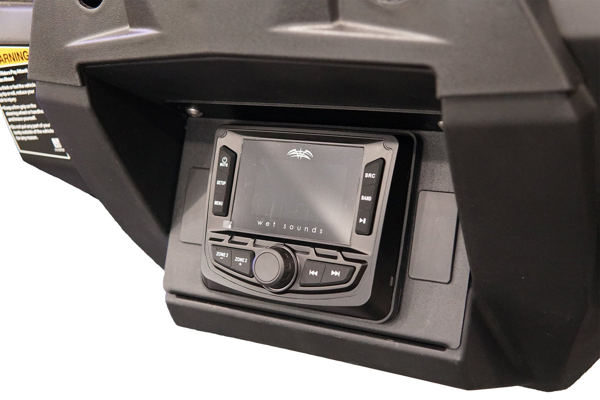 Wet Sounds marine stereo head unit mounted in a vehicle dashboard