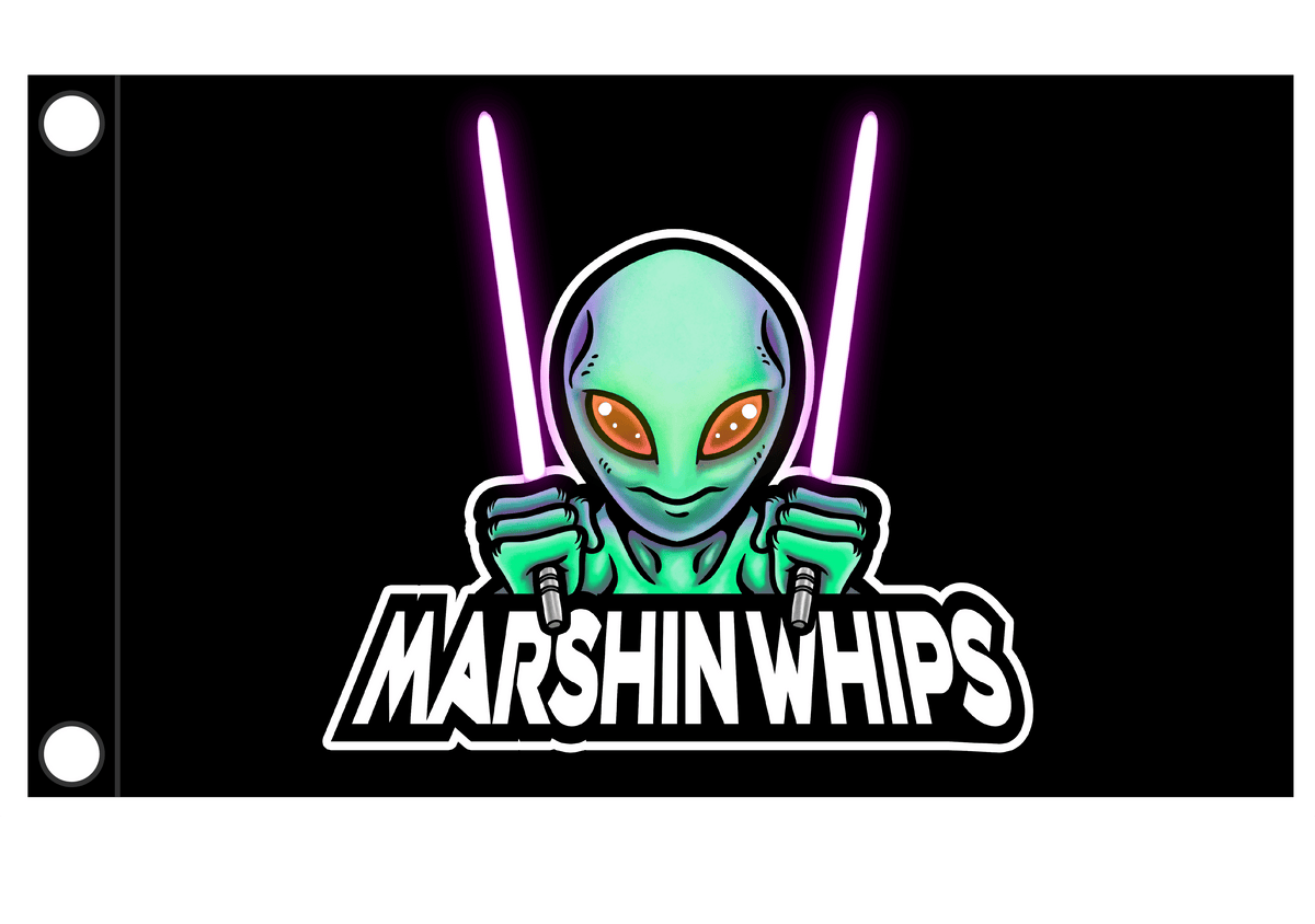 Alien holding marshin whips with 'Marshin Whips' text on a black background