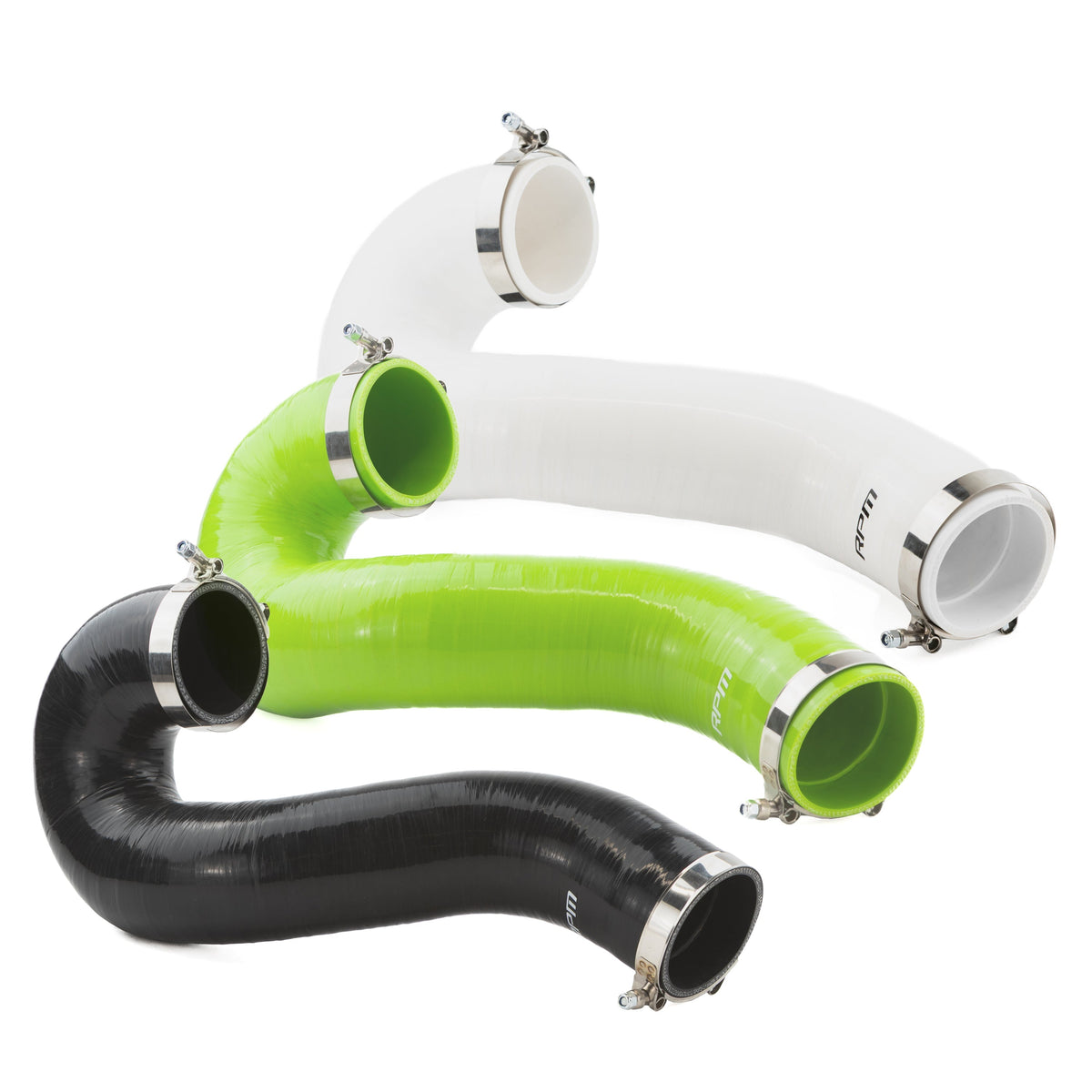 Kawasaki H2 silicone hoses in black, green, and white