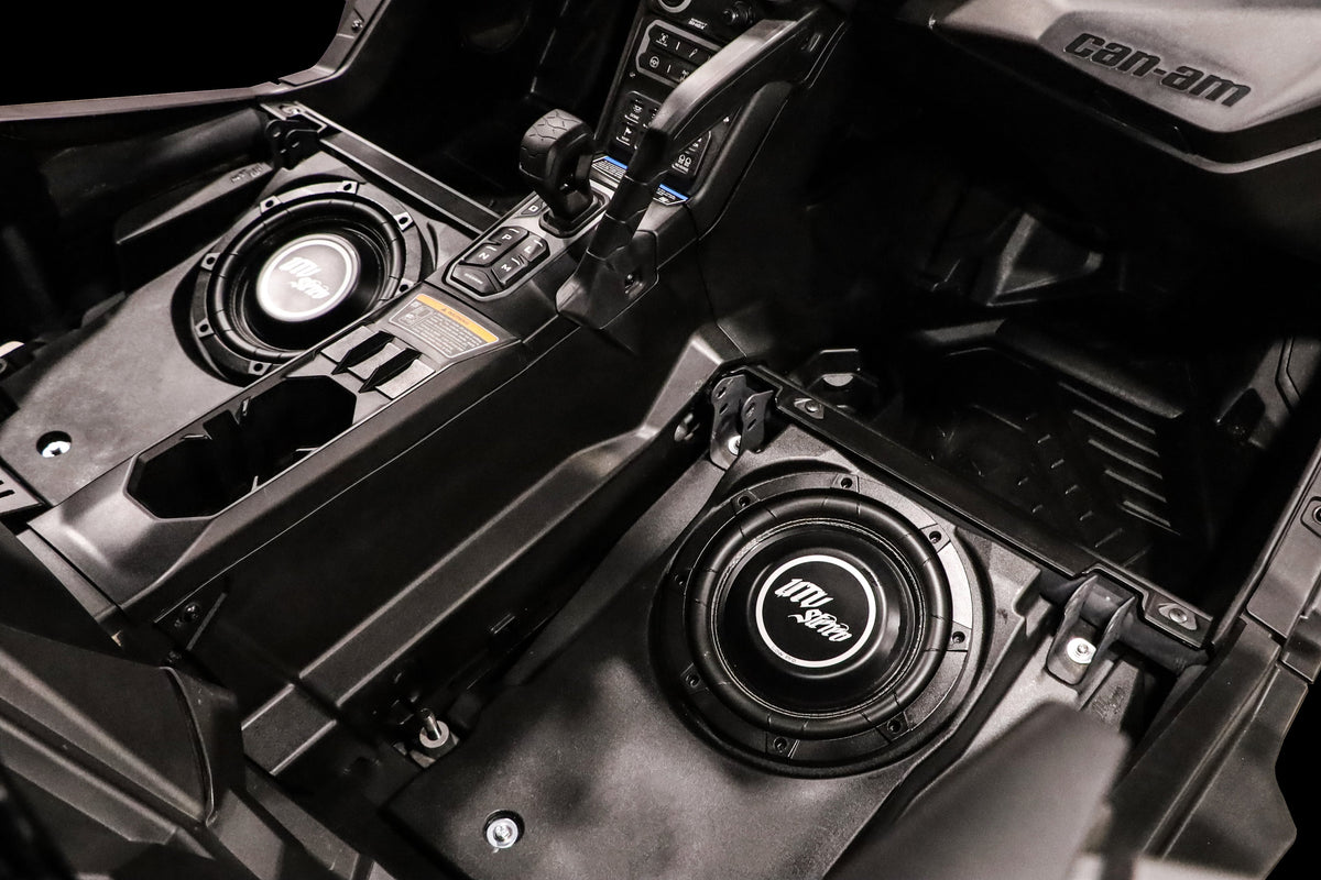 UTV Stereo speakers installed in the center console of a Can-Am vehicle