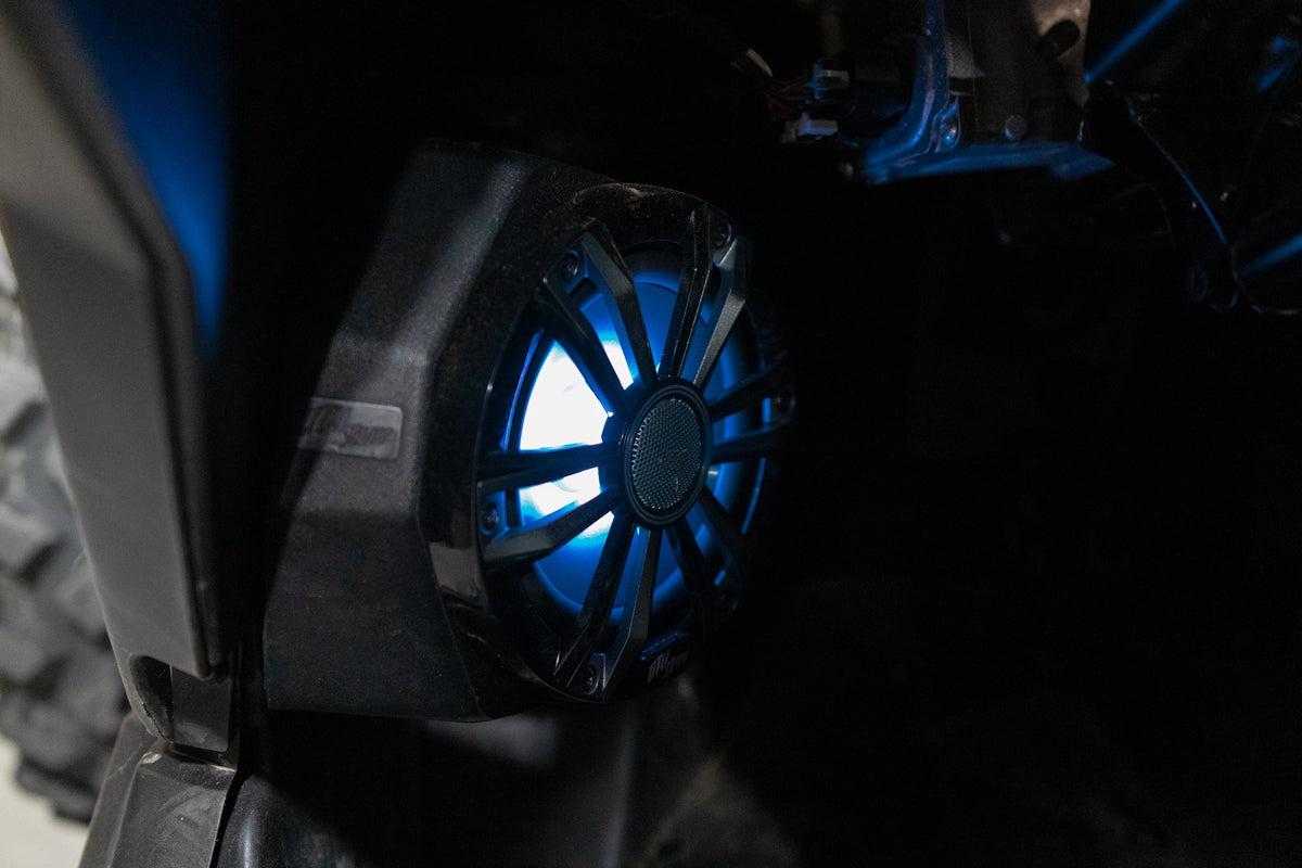 Black UTV Stereo speaker with blue LED backlighting