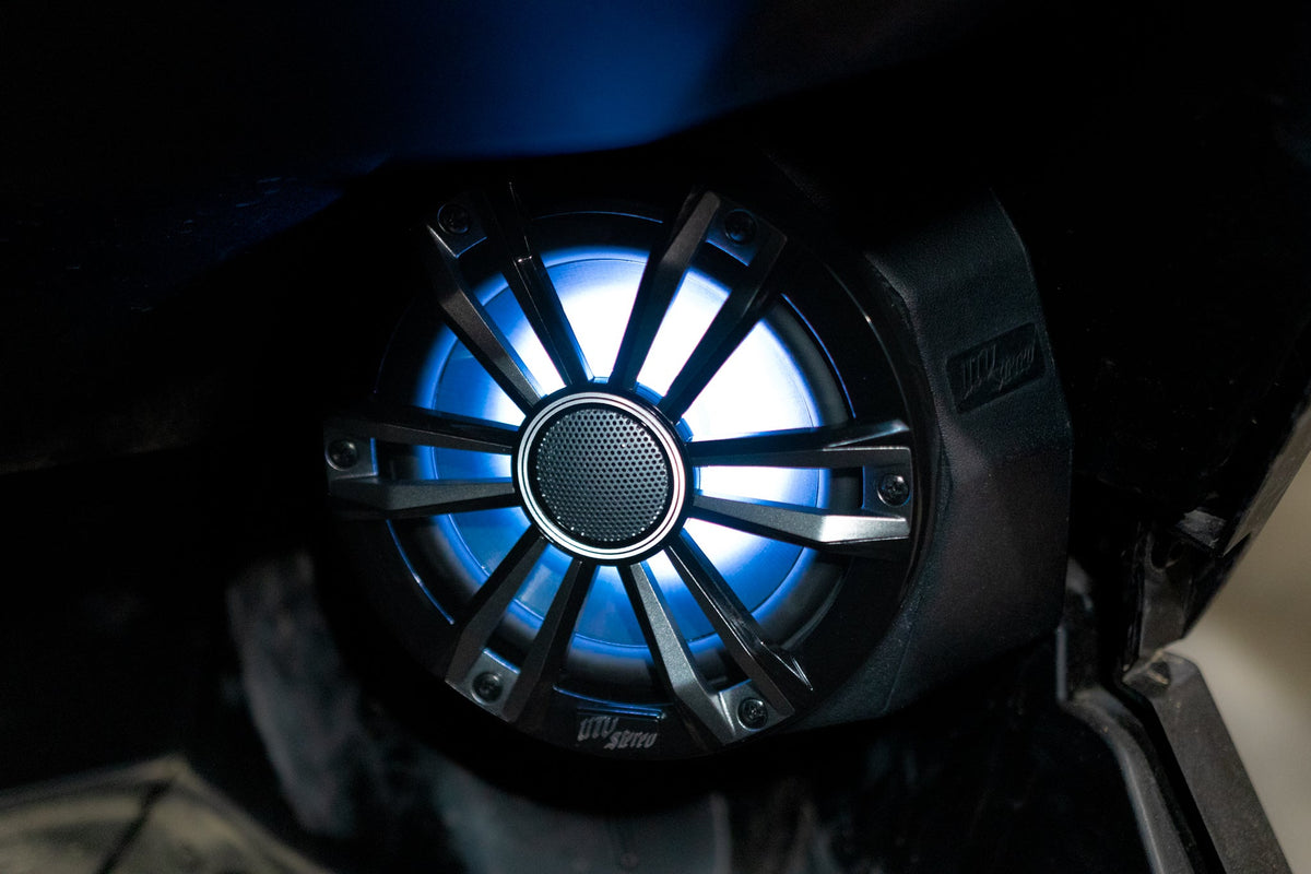 UTV Stereo speaker with blue LED backlight and black grille