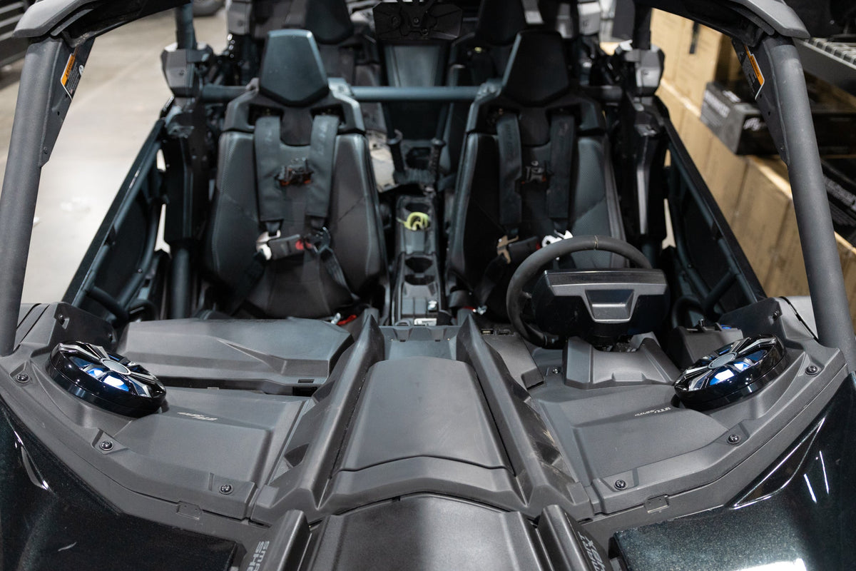 UTV Stereo speakers installed in the dashboard of a side by side vehicle