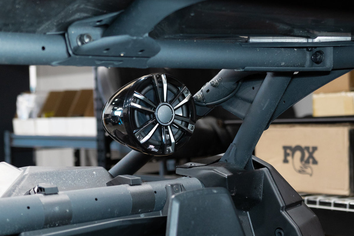MTX Audio wake tower speaker mounted on a UTV roll cage