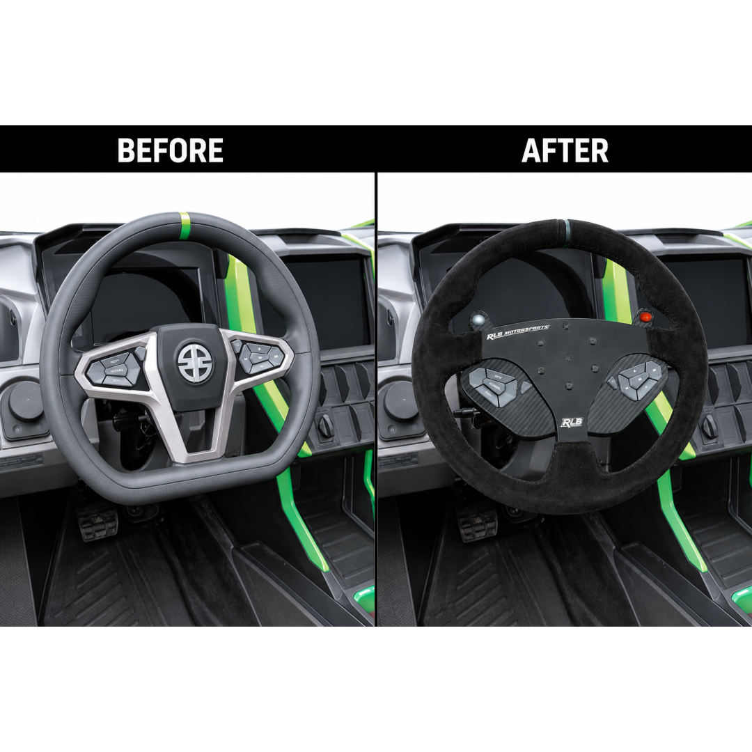 Kawa_before_after_1080_...png): Before and after comparison of Kawasaki KRX H2 UTV dash: stock steering wheel versus RLB suede steering wheel with Adapt IQ button mount installed
