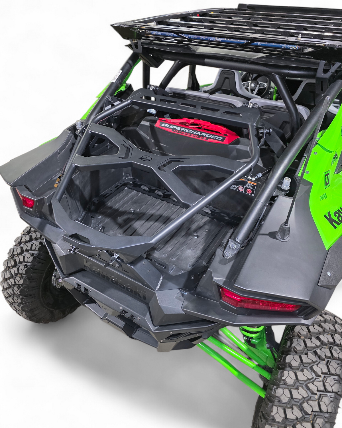 Kawasaki Teryx H2 Baja tire rack and bed box combination shown as a complete cargo system