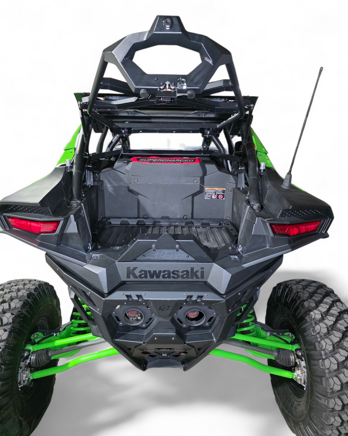 Hammer black finish texture close-up on Kawasaki Teryx H2 Baja tire rack