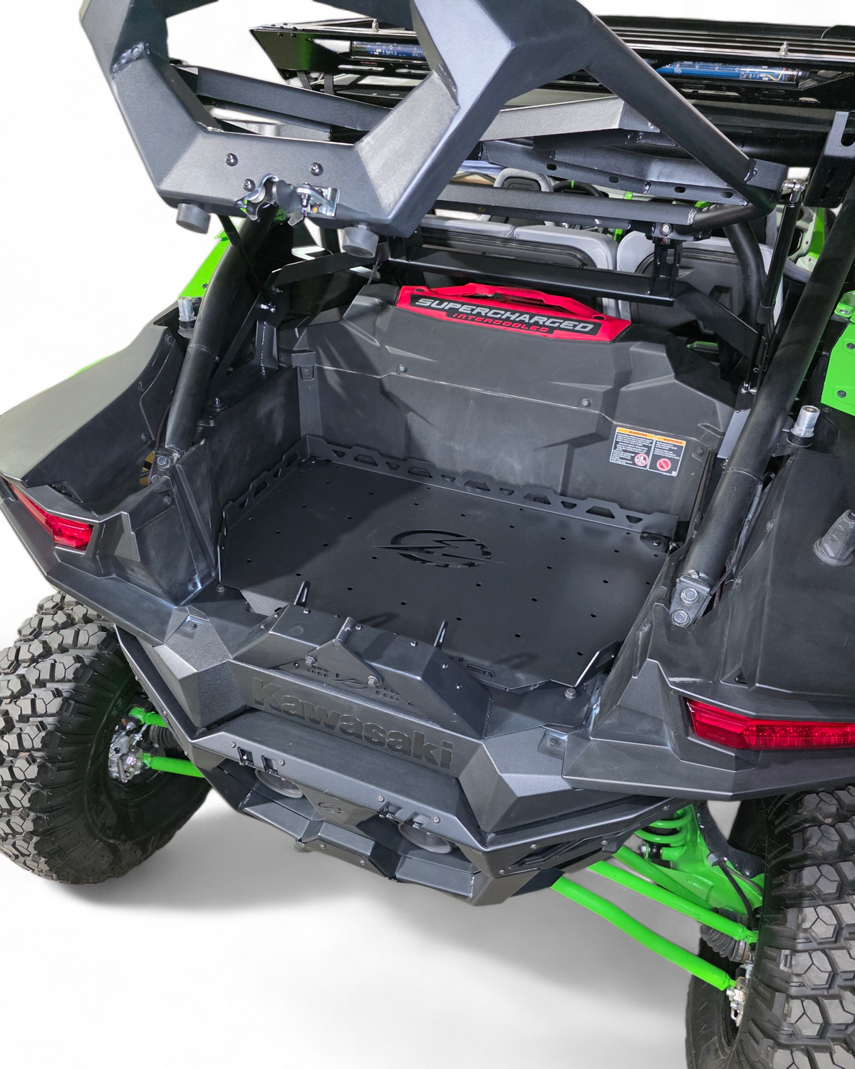 Kawasaki Teryx H2 bed tray integrated with the tire carrier system