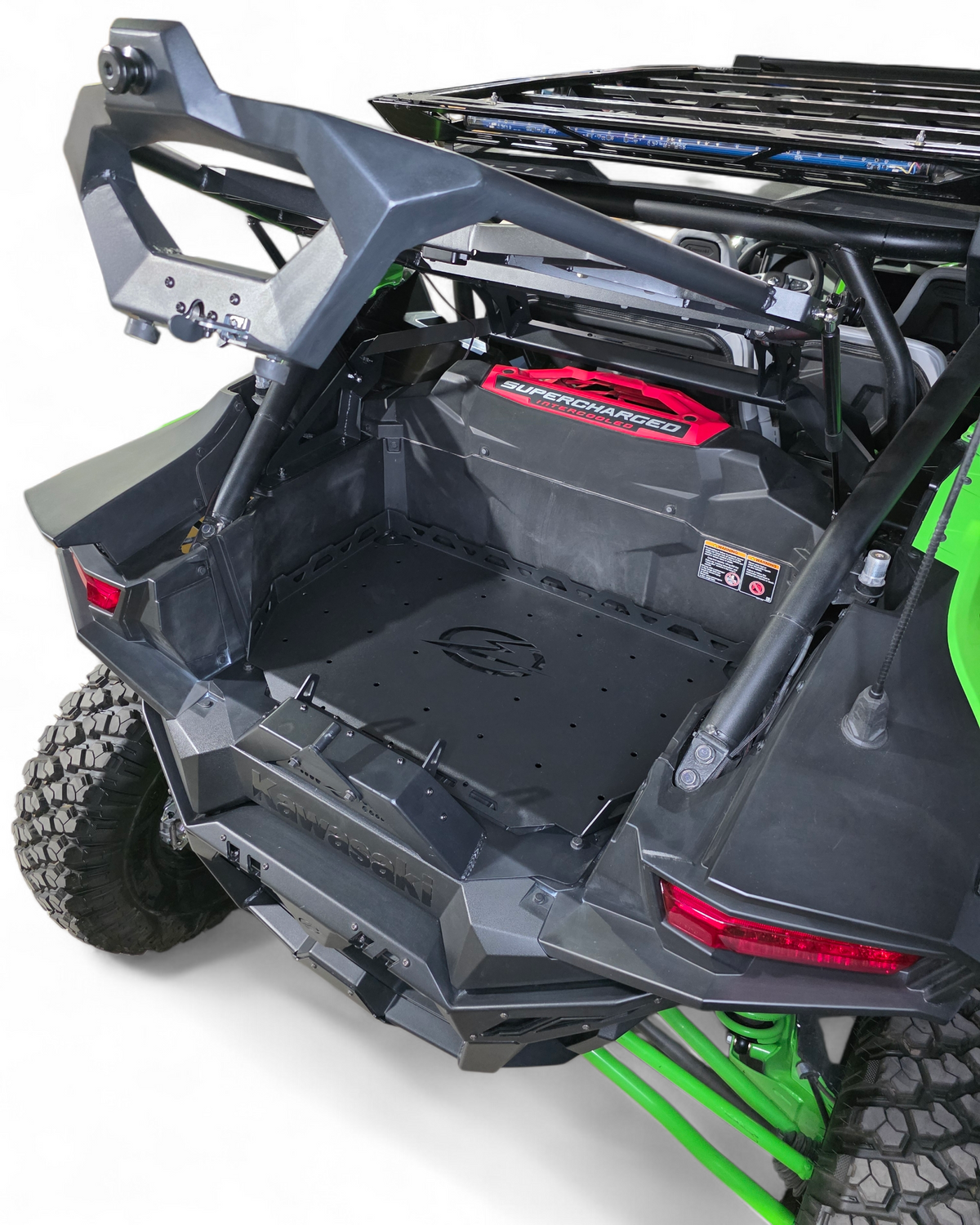 Rear view of Kawasaki Teryx H2 with Volt bed tray and tire carrier installed