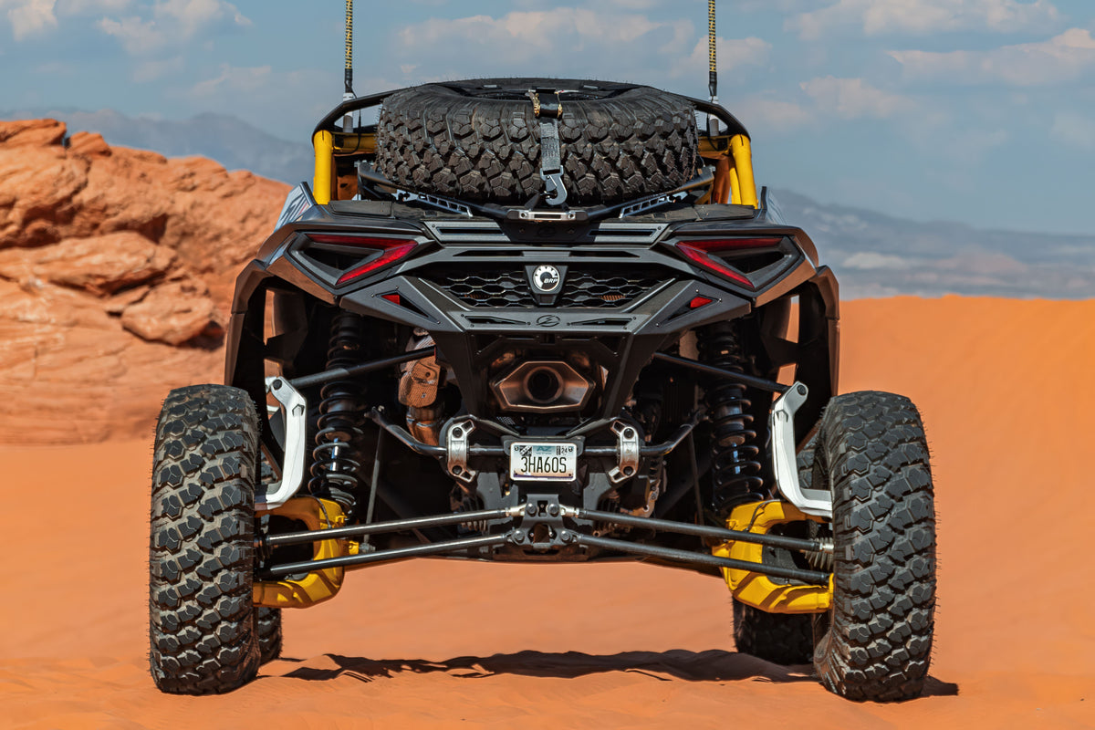 rear view of Can-Am Maverick R 2 Door showing Rear Volt Bumper full width fitment and symmetrical steel design