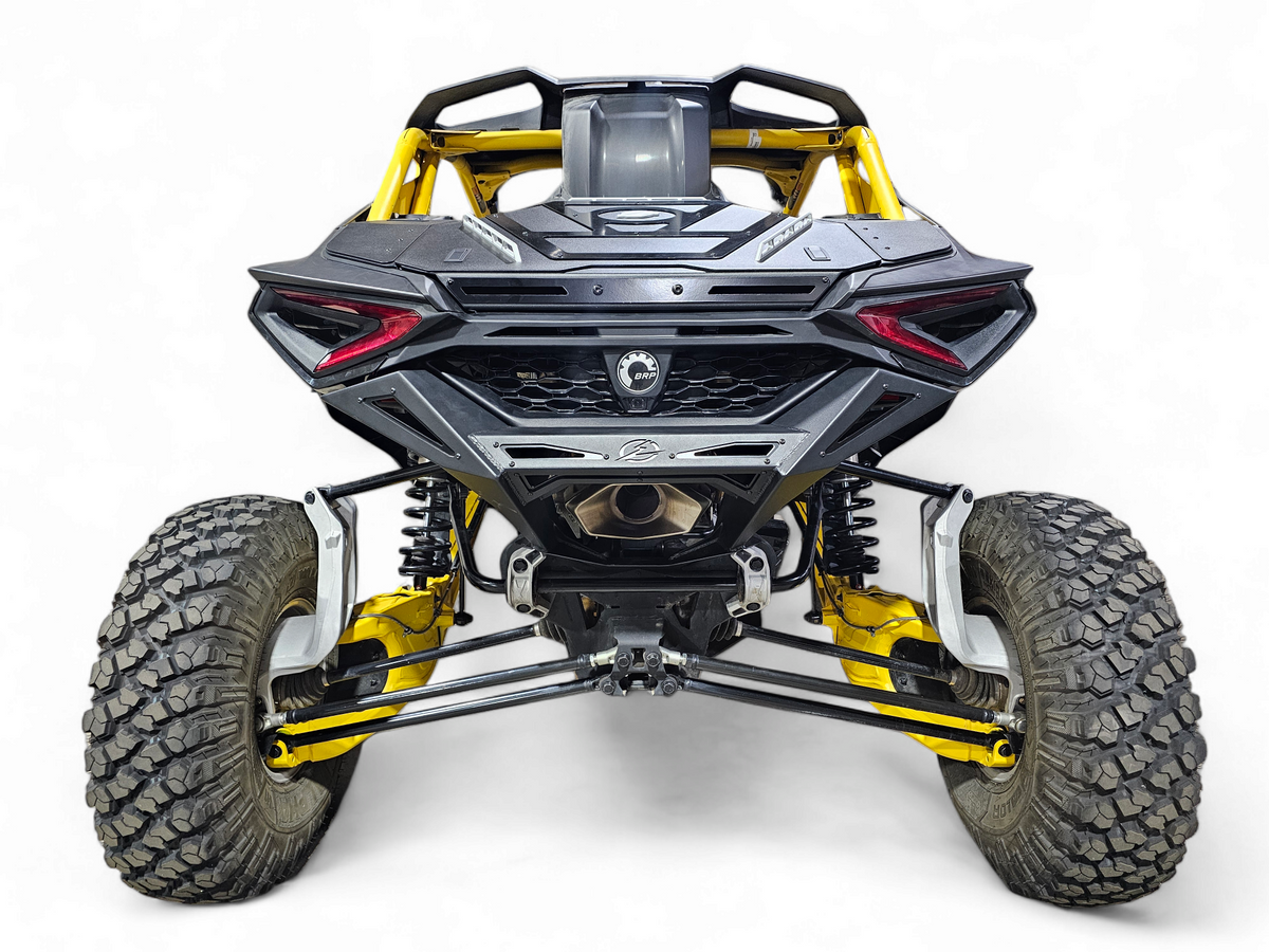 Direct rear view of Can-Am Maverick R 2-Door showing Rear Volt Bumper full width fitment, symmetrical steel design, and backup camera relocation slot